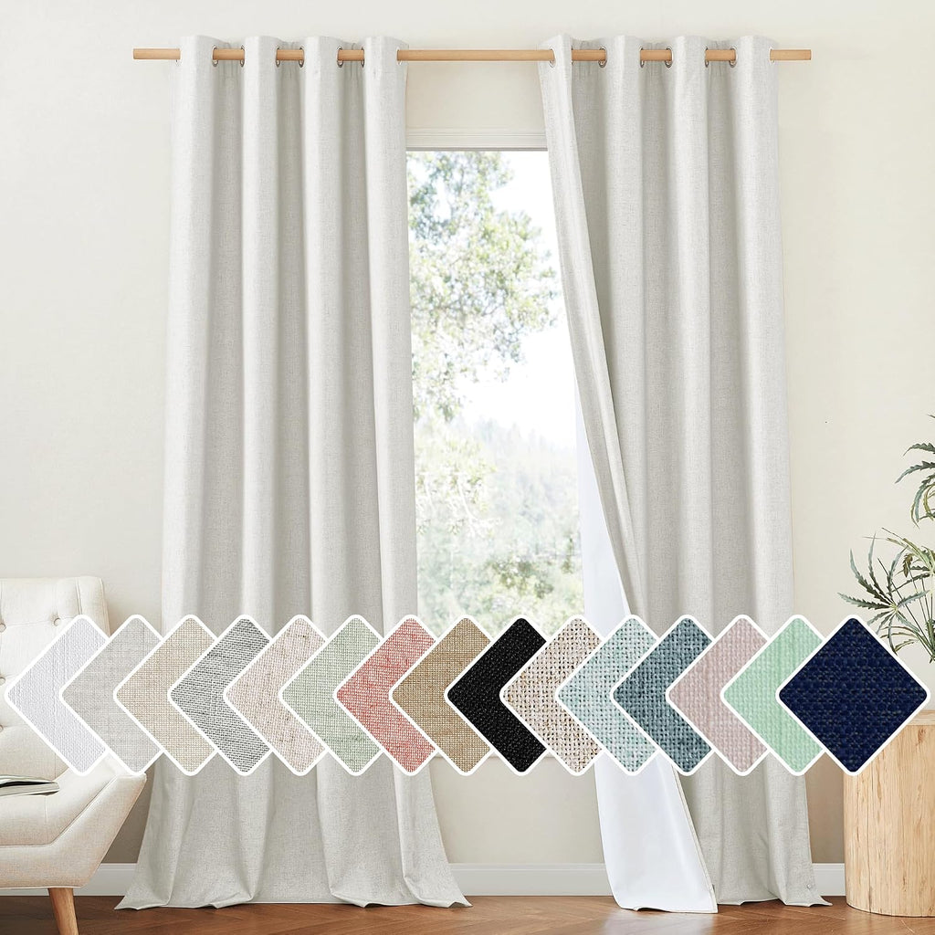 NICETOWN 100% Absolutely Blackout Linen Curtains with Thermal Insulated White Liner, Ivory, W52, 2 Pieces, Noise Reducing Textured Linen…