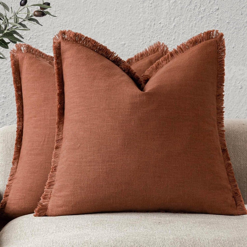 Foindtower Set of 2 Decorative Linen Fringe Throw Pillow Covers Boho Farmhouse Cushion Cover with Tassels Soft Accent Pillowcase for…