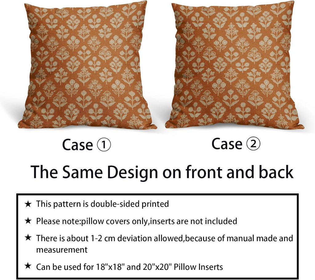 Burnt Orange Floral Block Print Pillow Covers 20x20 Inch Set of 2, Vintage Flower Pattern Decorative Throw Pillowcases Outdoor Farmhouse…