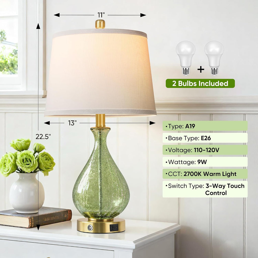 QiMH Green Glass Table Lamps for Living Room, Bedside Lamps Set of 2 with USB A+C Charging Ports, 3 Way Dimmable Touch Lamps for…