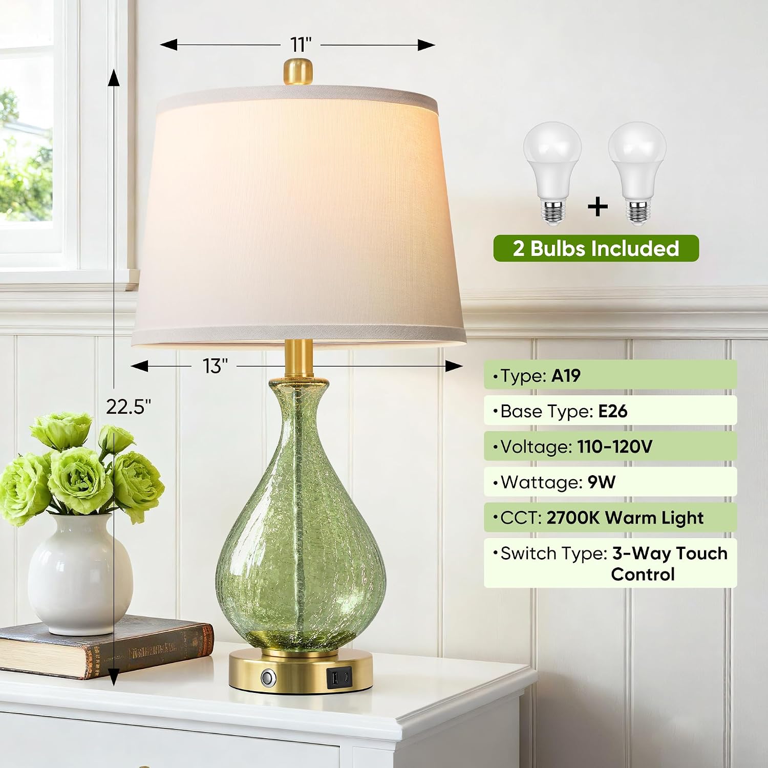 QiMH Green Glass Table Lamps for Living Room, Bedside Lamps Set of 2 with USB A+C Charging Ports, 3 Way Dimmable Touch Lamps for…