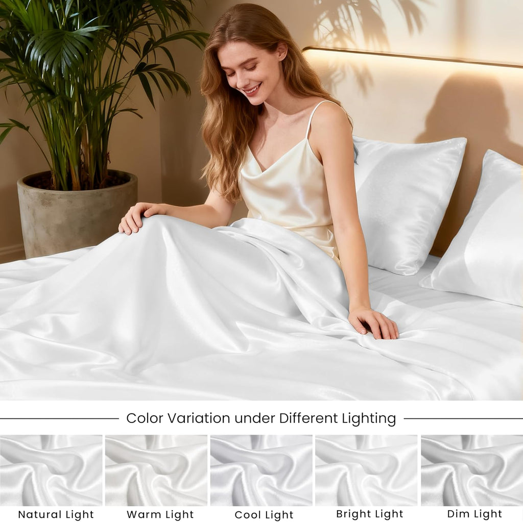 Lovescabin Love's cabin California King Satin Sheet Sets - 4 Piece White Silky Sheets Bed Set with Deep Pocket, Luxury Silk Feel Satin Cal…