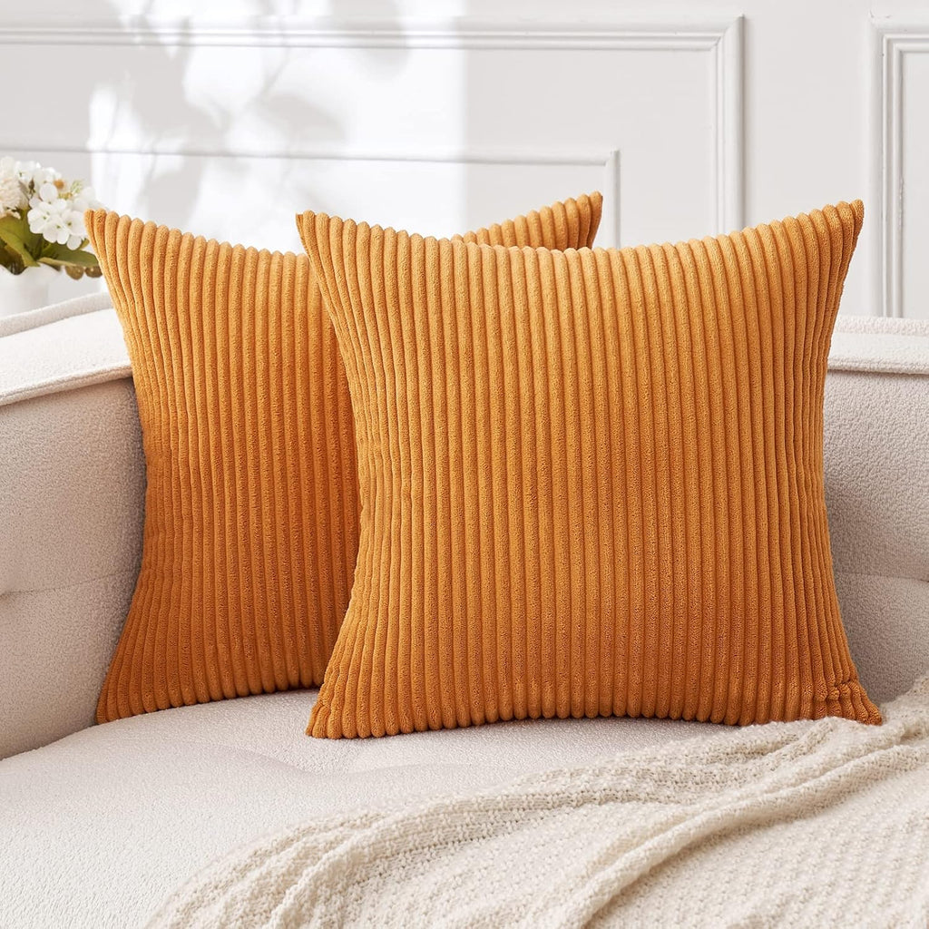 MIULEE Pack of 2 Burnt Orange Pillow Covers 16x16 Inch Soft Boho Striped Corduroy Throw Pillow Covers Set Decorative Square Cushion Cases…