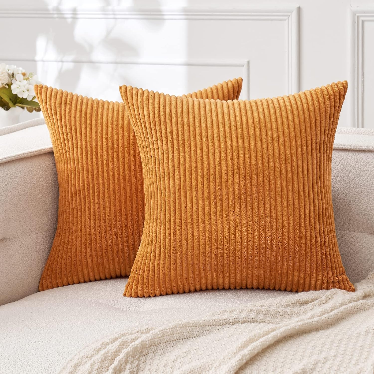 MIULEE Pack of 2 Burnt Orange Pillow Covers 16x16 Inch Soft Boho Striped Corduroy Throw Pillow Covers Set Decorative Square Cushion Cases…