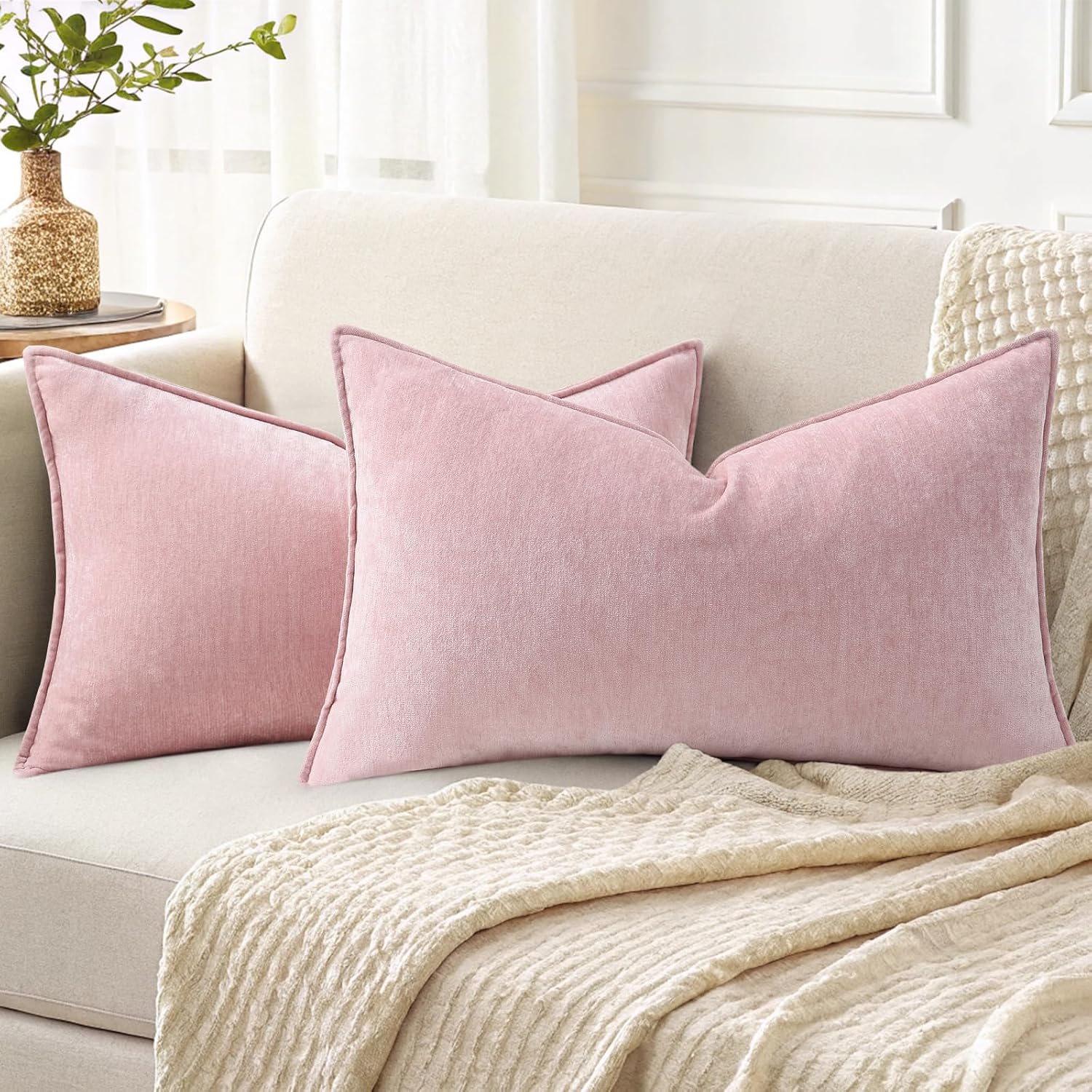 decorUhome Summer Couch Throw Pillow Covers 12x20 Set of 2, Decorative Soft Velvet Modern Cozy Chenille Lumbar Pillow Cases with Elegant De…