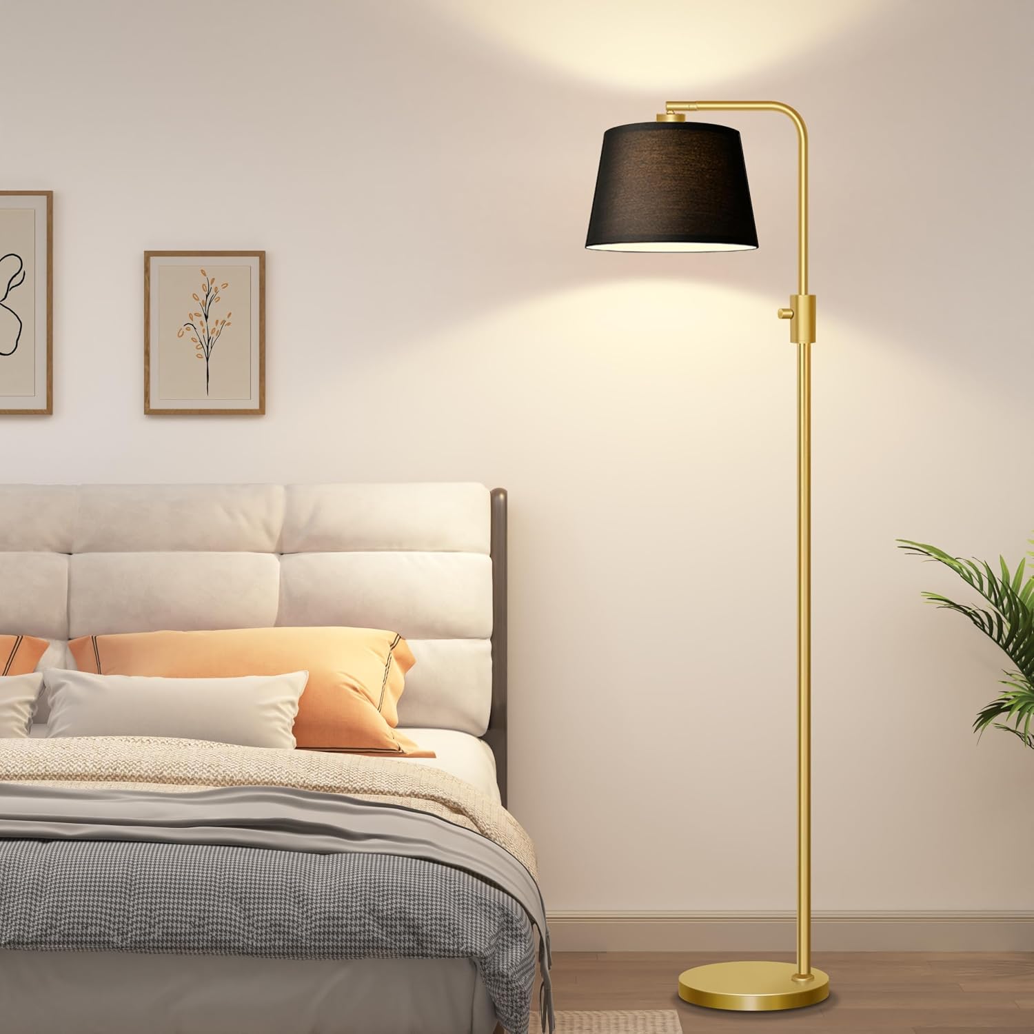 Nintiue Dimmable Gold Floor Lamp, 1000 LM LED Edison Bulb Included, Arc Floor Lamps for Living Room with Black Shade, Modern Standing…