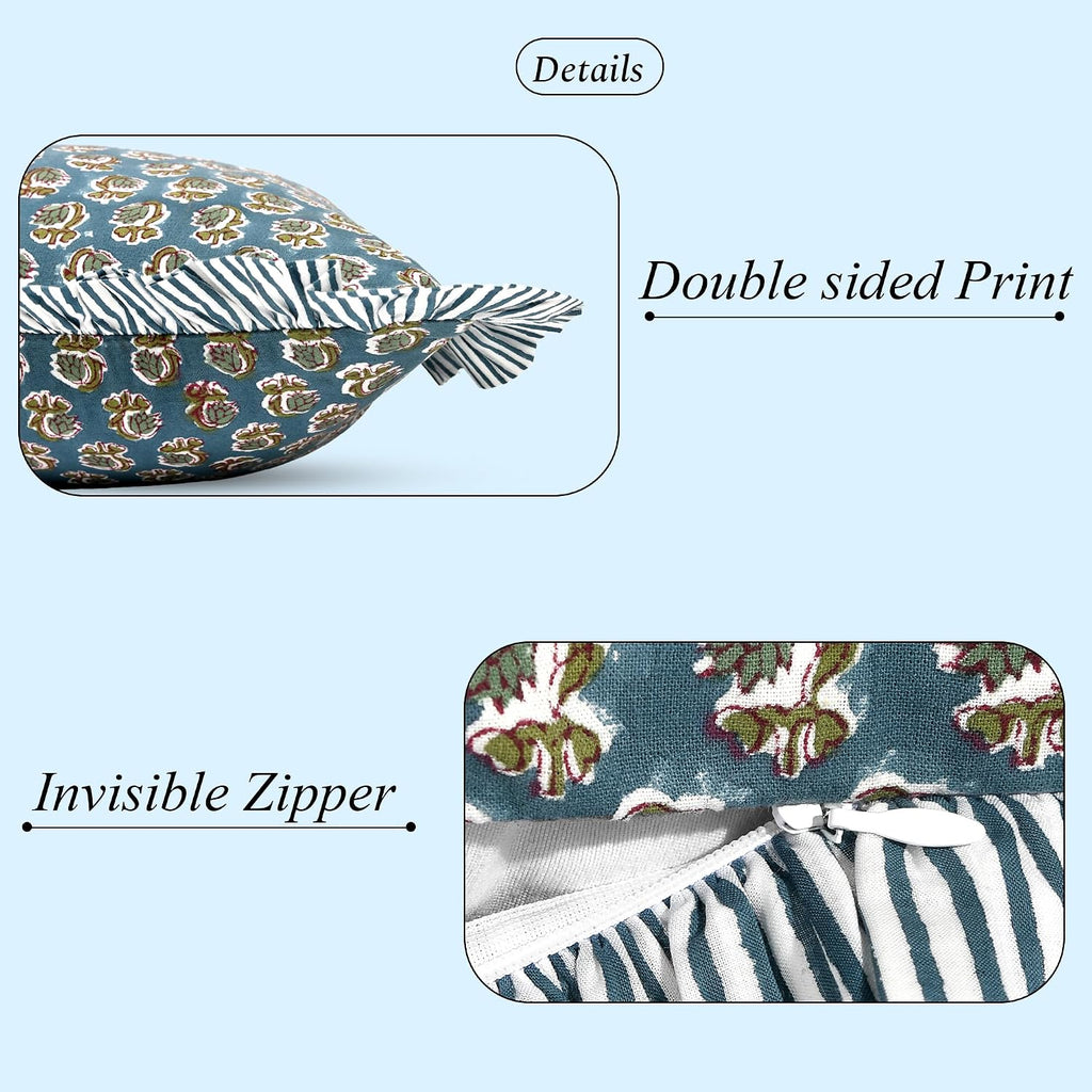 Ridhi Block Print Peacock Blue 54"x20" Set 1-100% Cotton Ruffle Lumbar Sham Cover Boho Floral Pillowcase, Farmhouse Cottagecore Bedding…