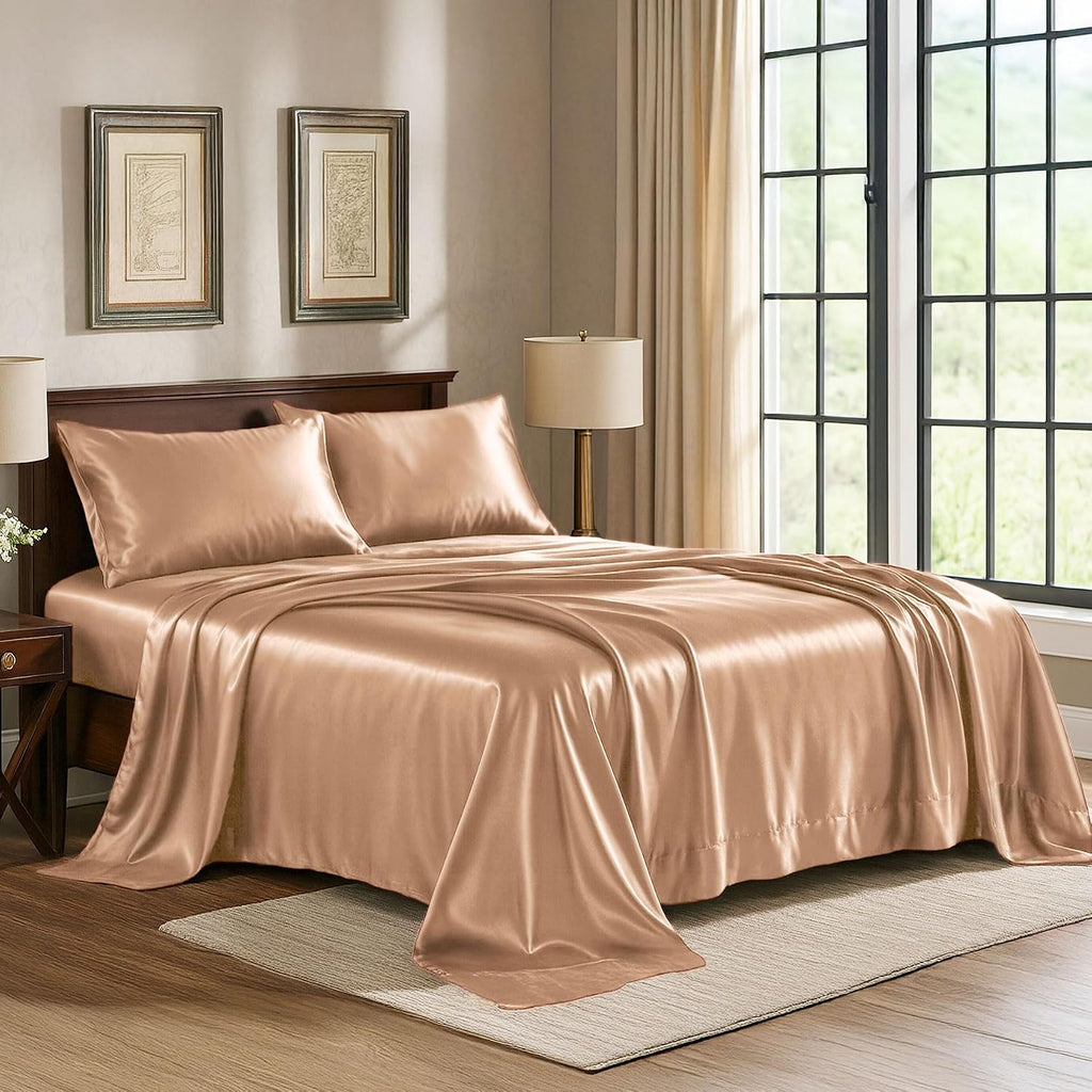 PureBedding Satin Sheets Full [4-Piece, Rose Gold] Hotel Luxury Silky Bed Sheets - Extra Soft 1800 Microfiber Sheet Set, Wrinkle, Fade, Sta…