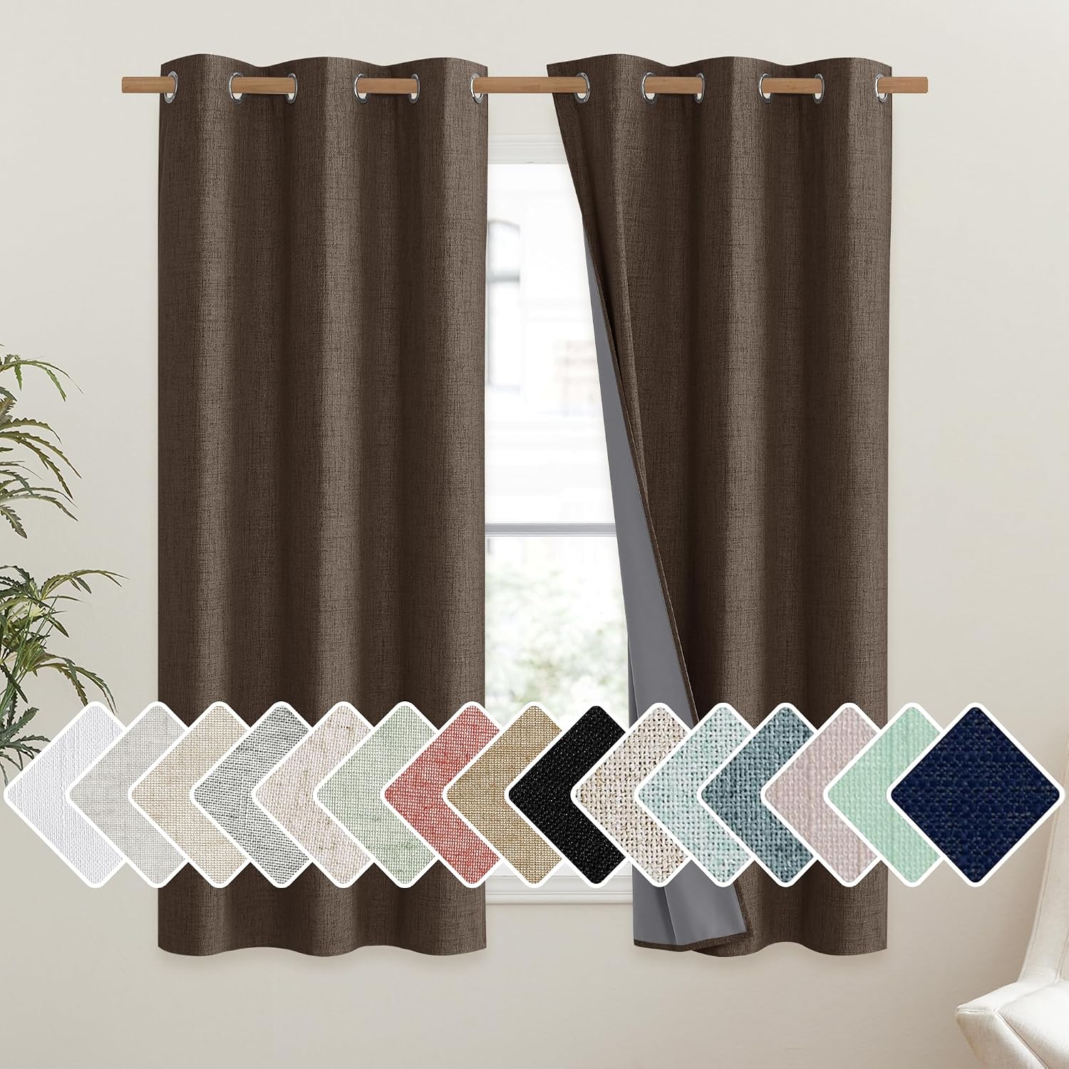 NICETOWN Coffee Vintage Linen 100% Blackout Curtains for Dining Room, Thermal Insulated Curtains 45" Long, Noise Reducing Window…