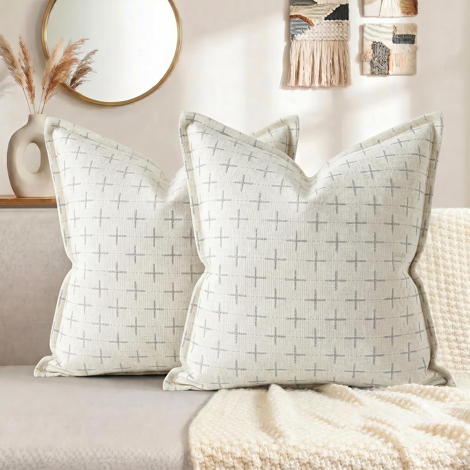AVOINcolorlife AVOIN colorlife Pack of 2 Decorative Throw Pillow Covers 18x18 Inch, Flange Edges Woven Textured Cushion Case Home Decor for…
