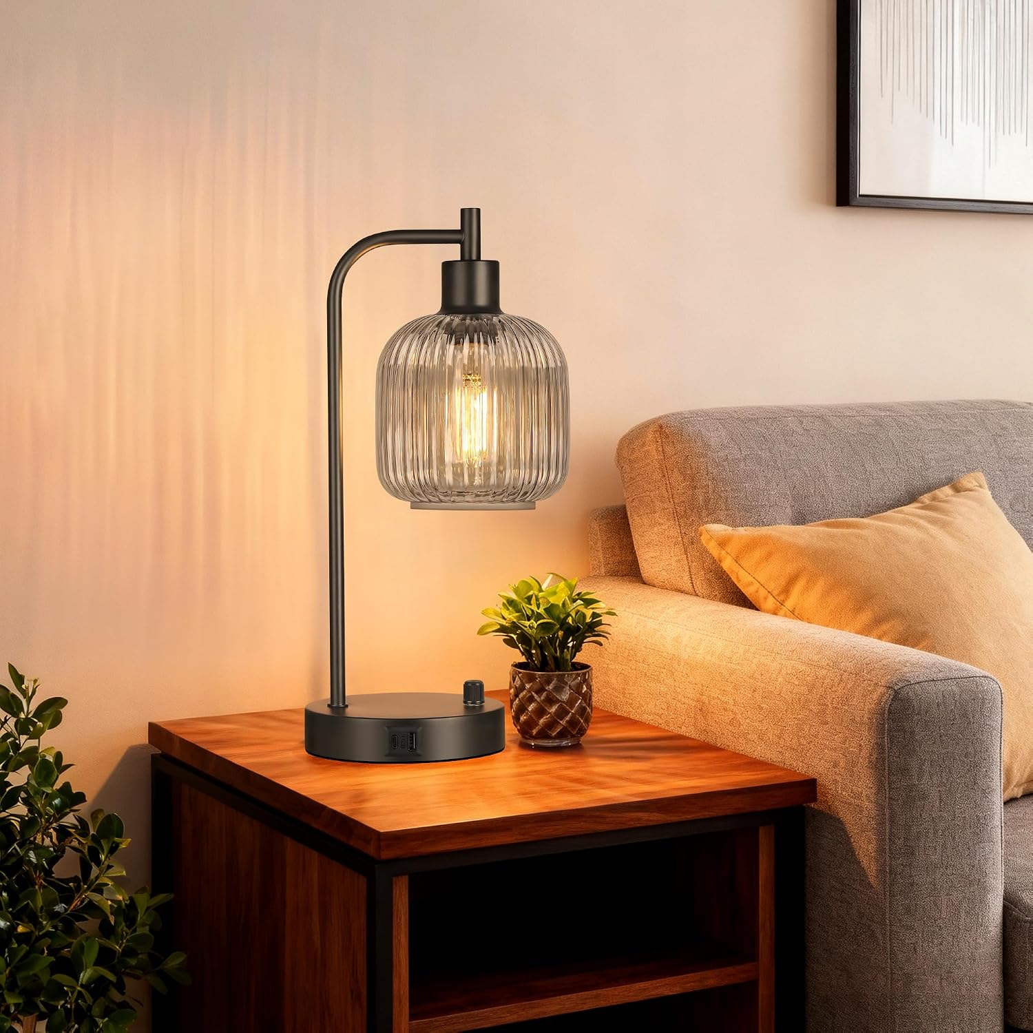 QiMH Industrial Table Lamp for Bedroom Set of 2, Grey Glass Beside Lamp with USB A&C Ports, Stepless Dimmable Black Lamps, Nightstand…