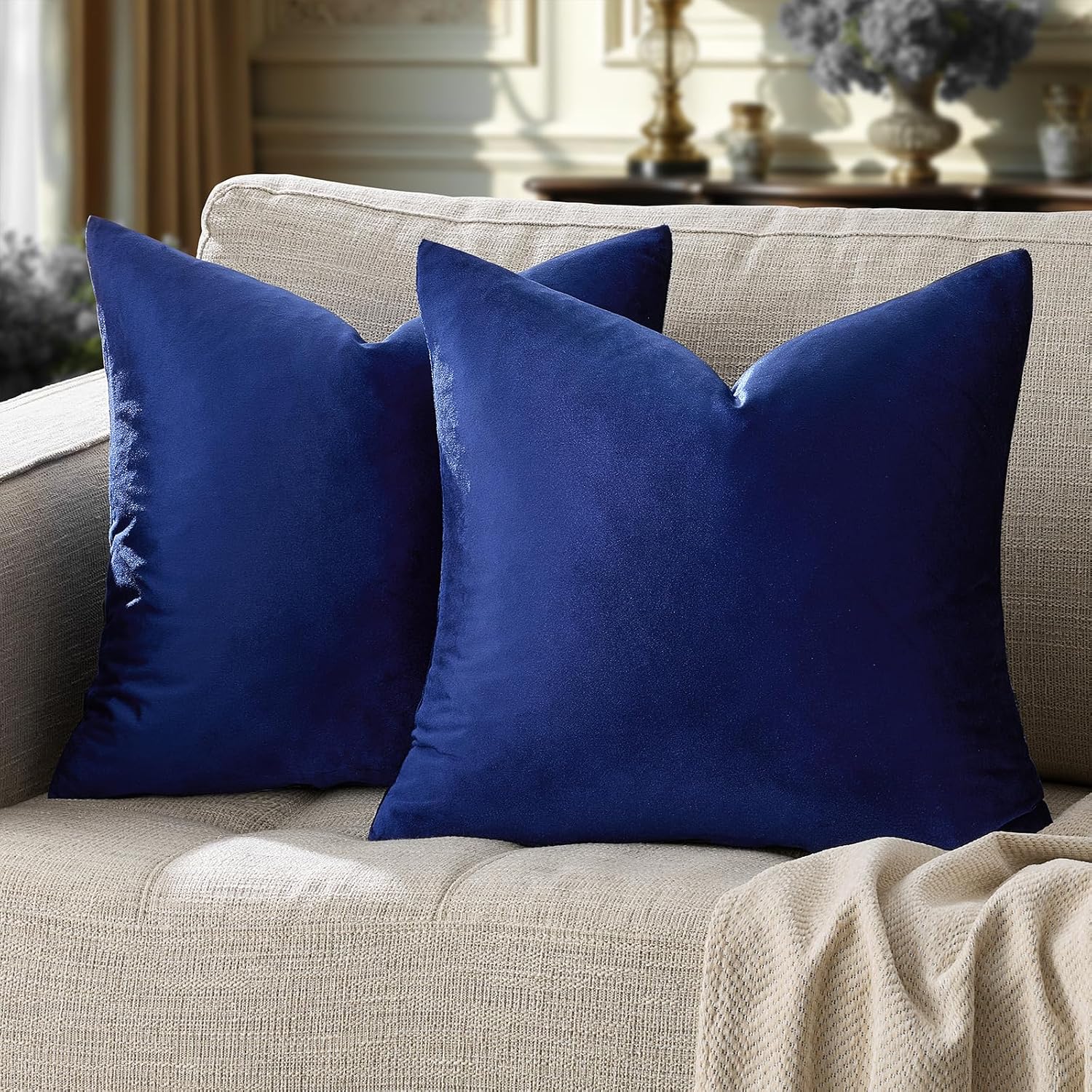 GIGIZAZAFocusingonhomedecoration GIGIZAZA Blue Large Throw Pillow Covers, Pack of 2 Velvet 26x26 Couch Pillows for Living Room Decorative S…