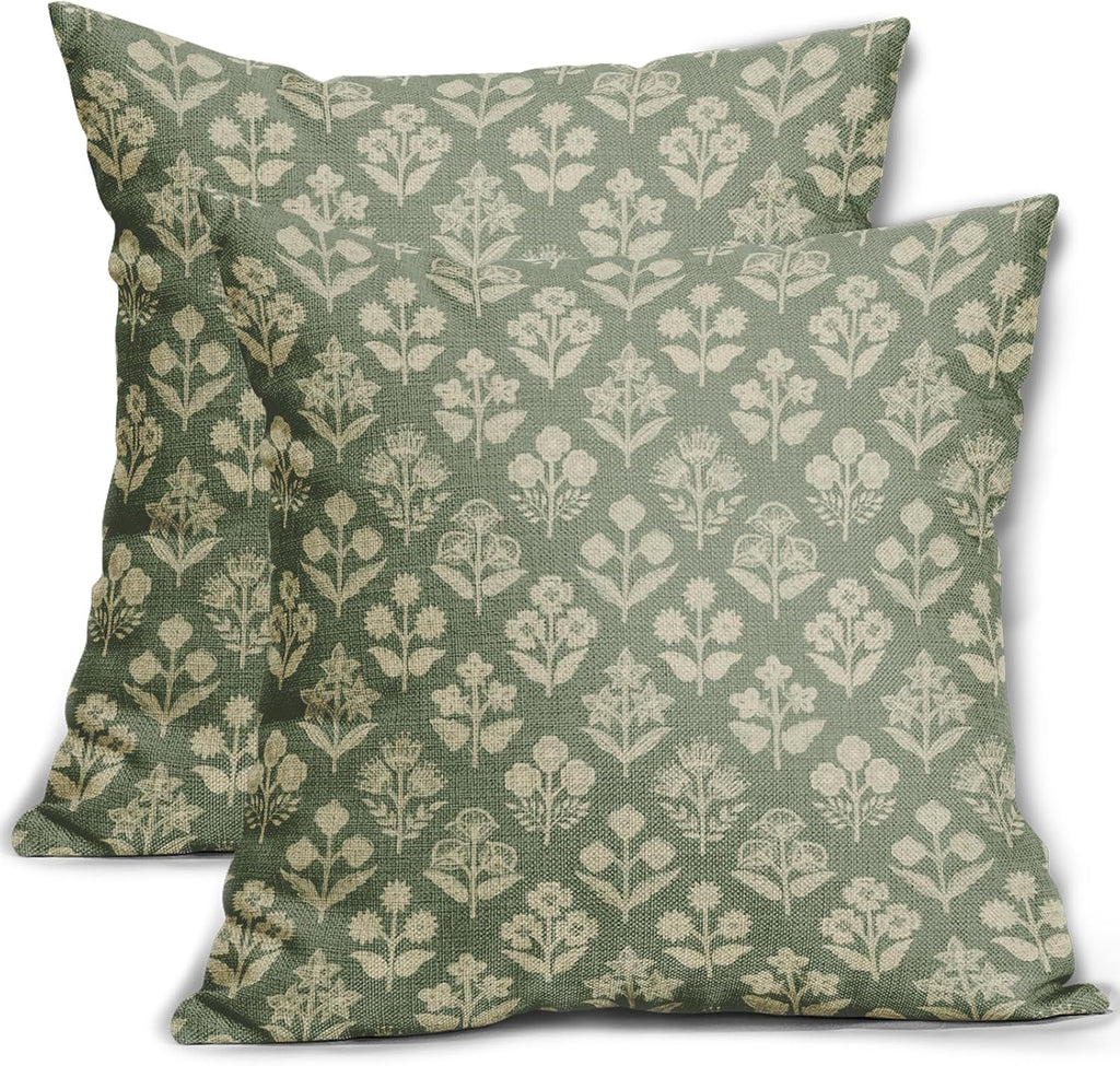 Sage Green Floral Pillow Covers 22x22 Inch Set of 2, Vintage Flower Block Print Pattern Decorative Throw Pillowcases Outdoor Farmhouse…