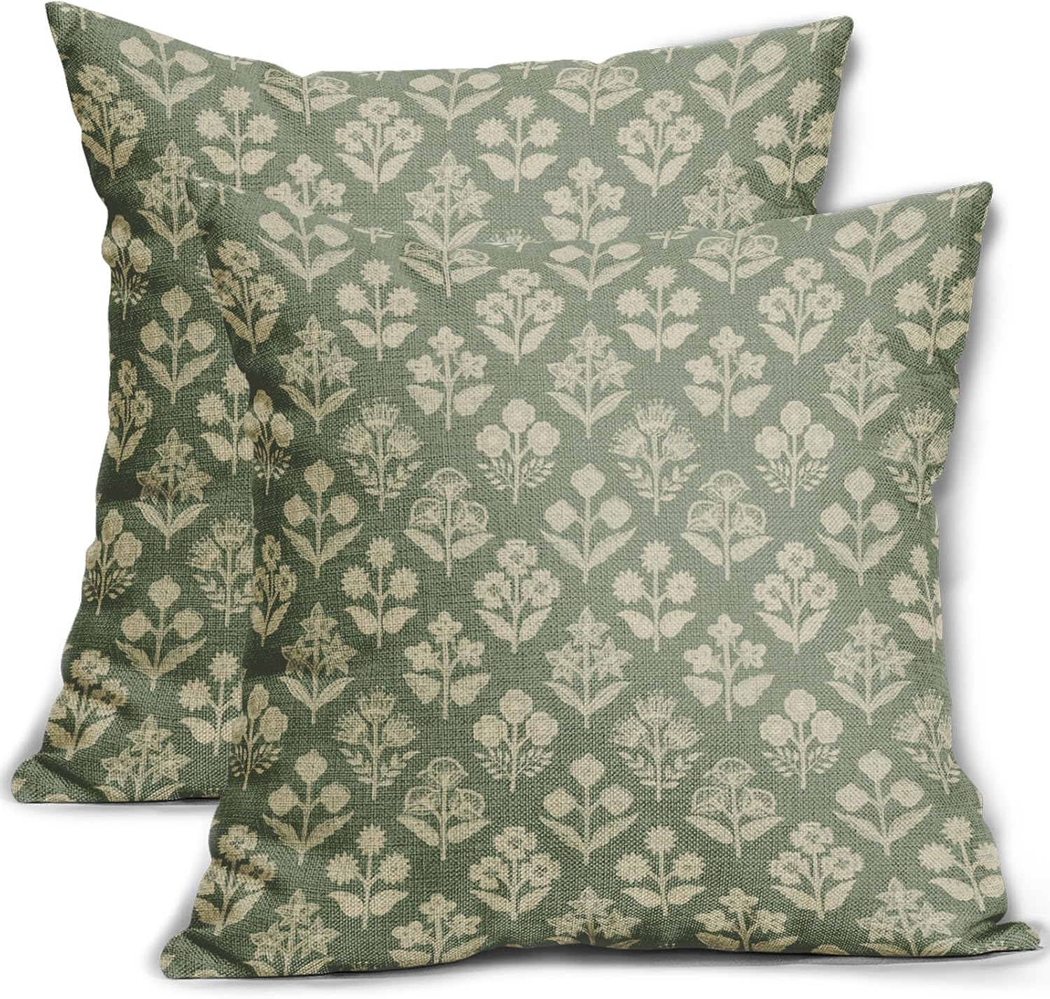 Sage Green Floral Pillow Covers 22x22 Inch Set of 2, Vintage Flower Block Print Pattern Decorative Throw Pillowcases Outdoor Farmhouse…