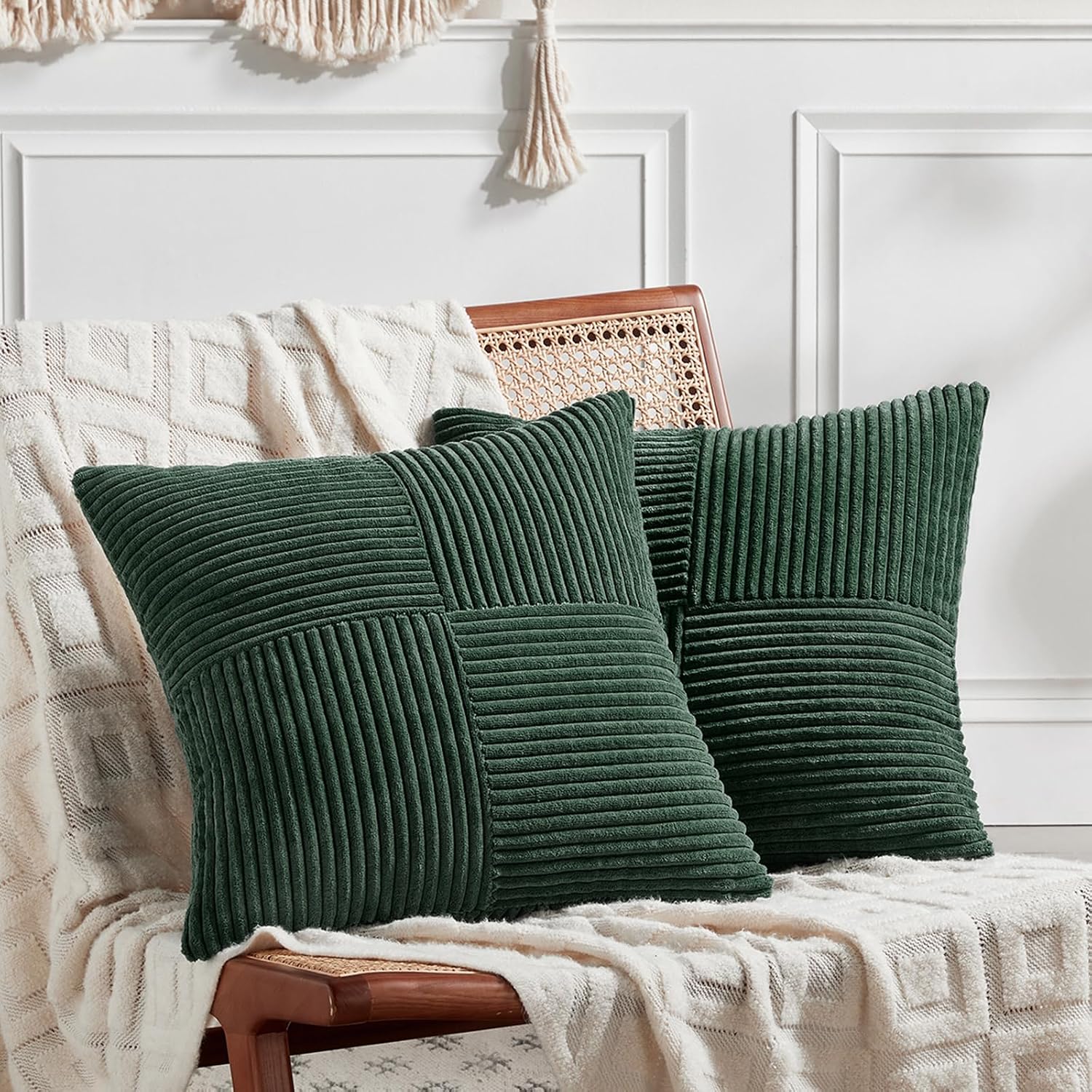 Fancy Homi Set of 2 Dark Green Samll Decorative Throw Pillow Covers 12x12 Inch for Living Room Couch Bed, Boho Farmhouse Forest Green…