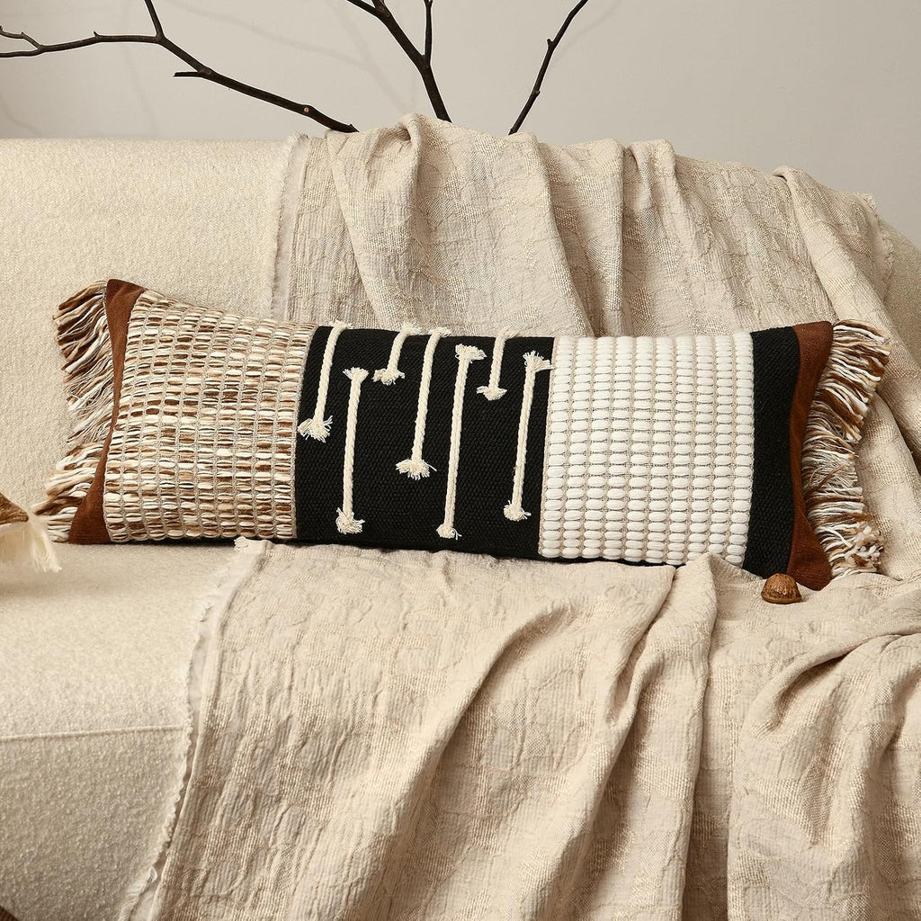 Aibuhome Boho Body Pillow Cover 12x28 Inches, Handwoven Cotton Linen Lumbar Pillow Cover with Tassels, Farmhouse Decorative Cushion Case fo…