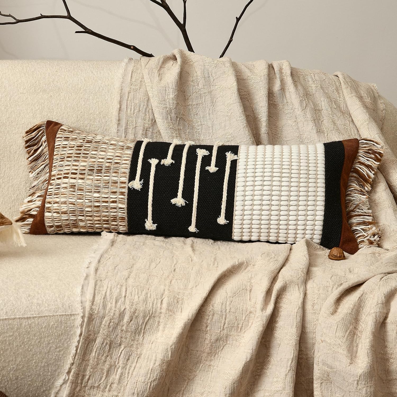 Aibuhome Boho Body Pillow Cover 12x28 Inches, Handwoven Cotton Linen Lumbar Pillow Cover with Tassels, Farmhouse Decorative Cushion Case fo…