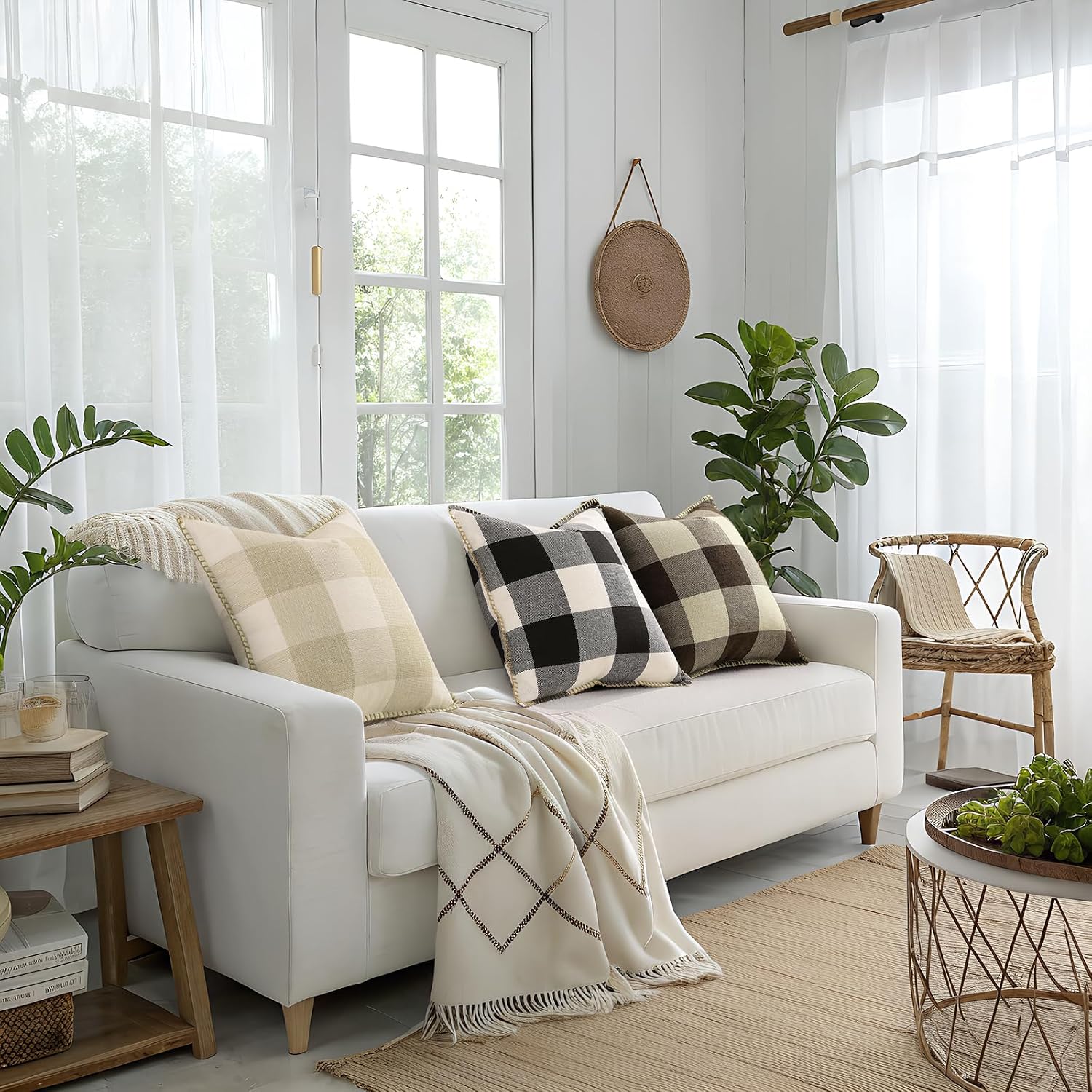 decorUhome Summer Buffalo Plaid Check Throw Pillow Covers 20x20 Set of 2 Outdoor Linen Decorative Farmhouse Gingham Pillow Covers with Stit…