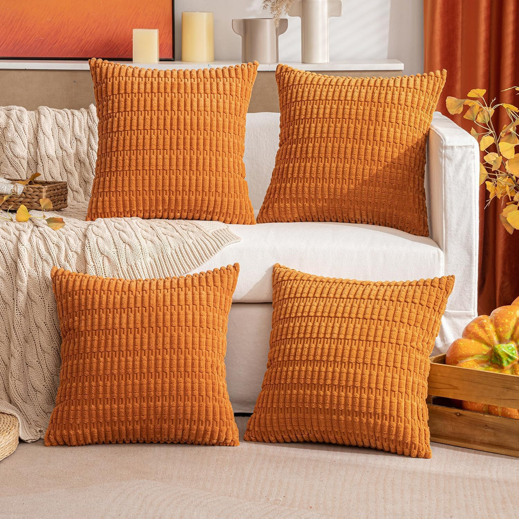 Miulee Pack of 4 Fall Burnt Orange Corduroy Decorative Throw Pillow Covers 18x18 Inch Soft Boho Striped Pillow Covers Modern Farmhouse Home…