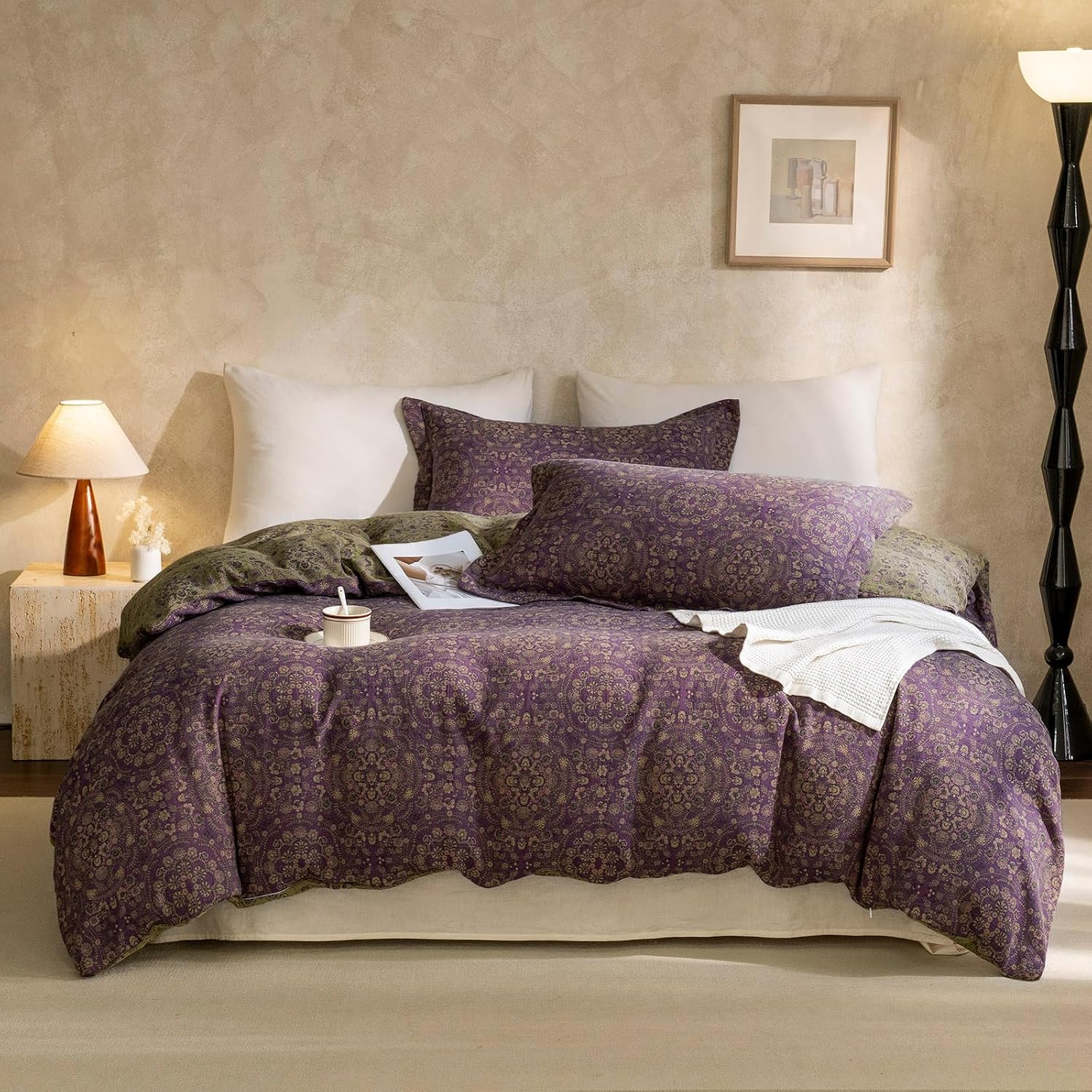 mixinni Purple Green Floral Duvet Cover Queen Size, Elegant Double-Layer Yarn Cotton Vintage Duvet Cover Set, Exquisite Jacquard Design Bed…