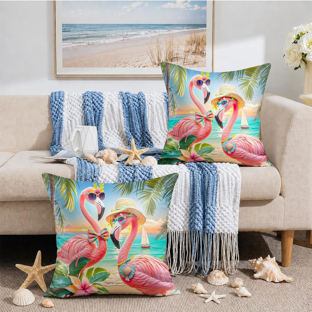 BlissYard Flamingo Beach Throw Pillow Covers 18x18 Set of 2 Tropical Decorative Pillow Covers Coastal Summer Cushion Covers Pink Flamingo…