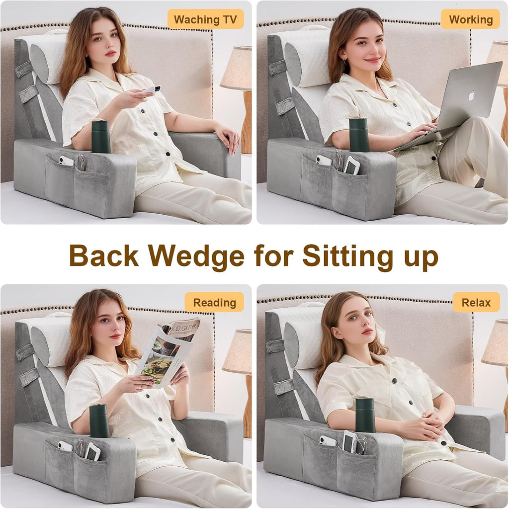 Yojoker 5pcs Reading Pillow for Adults Sitting in Bed – Back Pillow for Bed Sitting Up with Arms, Pockets & Cup Holder, Sit-Up Backrest Pil…