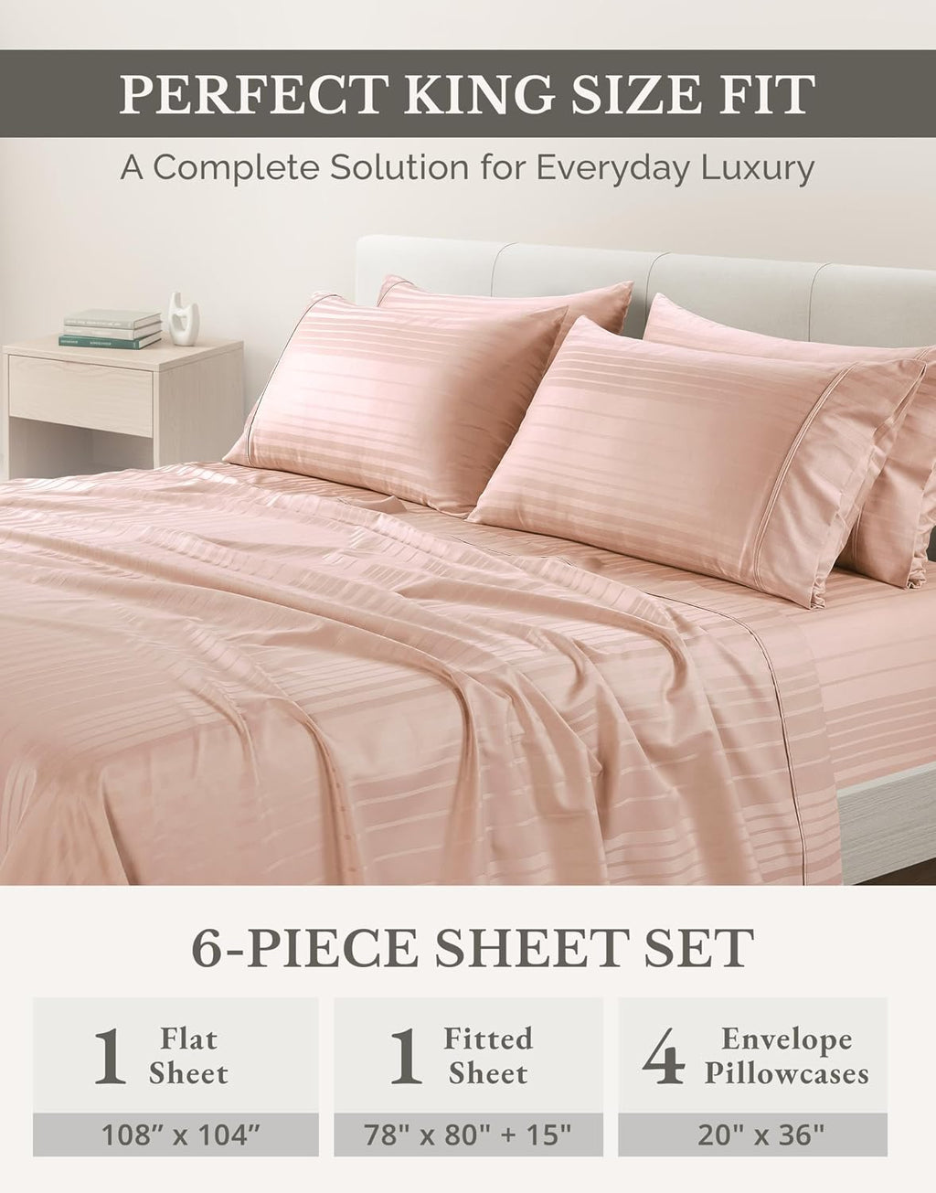 Casa Platino 100% Cotton Sheets King Size Set - 6 Pcs (1 Flat, 1 Fitted, 4 Pillowcases) - Striped 500 TC - Ultra Smooth Sateen Weave Bed…