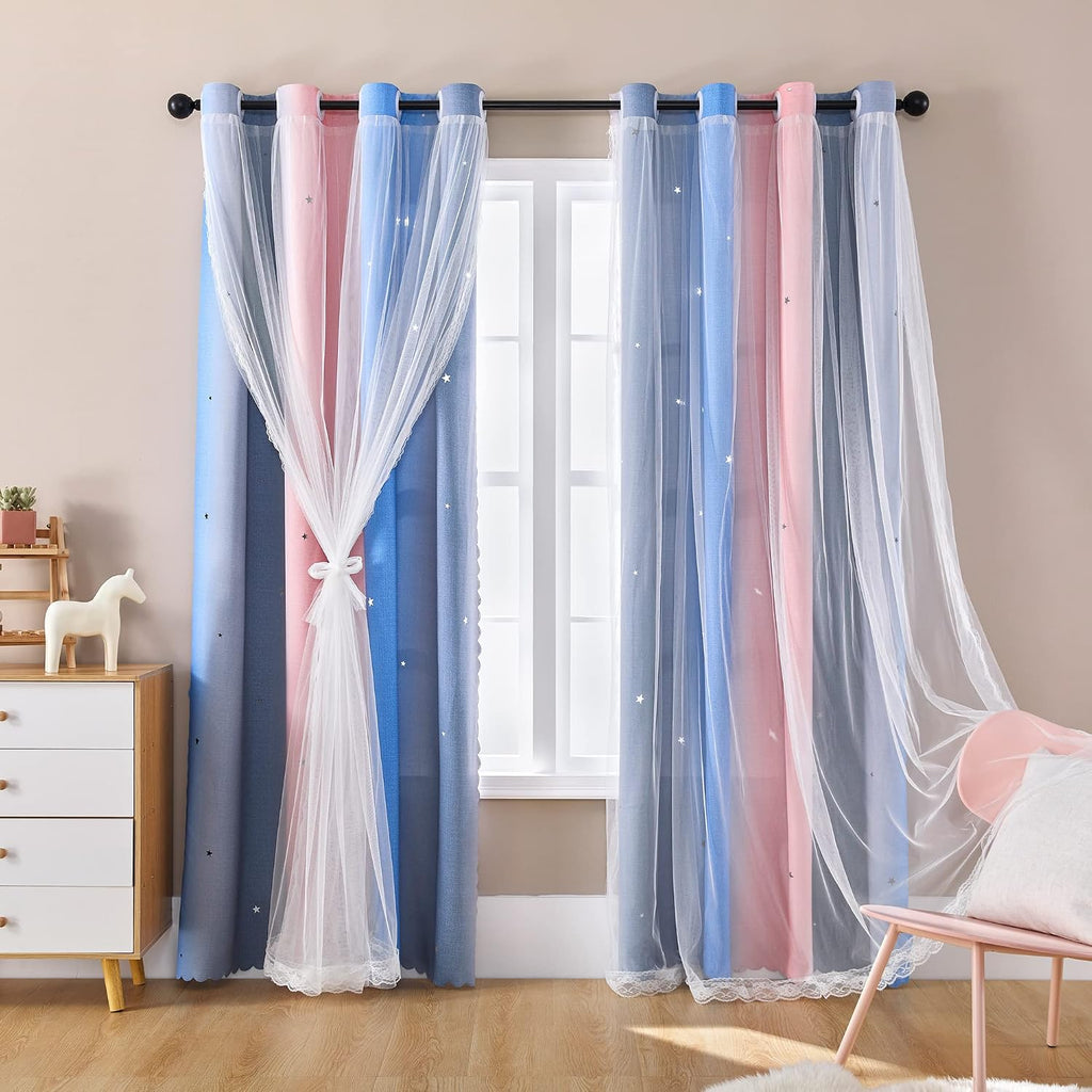 Addsomecolortolife XiDi Dream Star Blackout Curtains for Kids Rooms Girl Princess Curtain for Daughter Bedroom Window (Pink Grey Blue, W52…