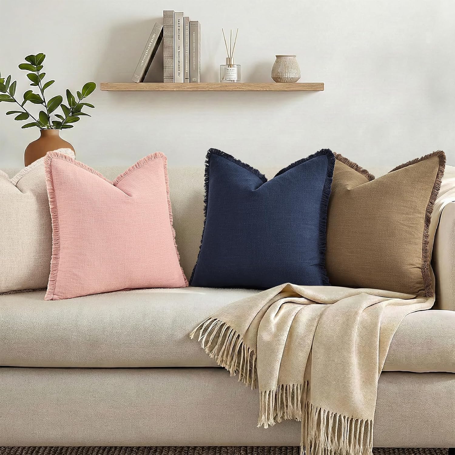 decorUhome Summer Decorative Neutral Linen Fringe Euro Sham Throw Pillow Covers Set of 2 Pink Pillow Covers with Tassels Soft Farmhouse Boh…
