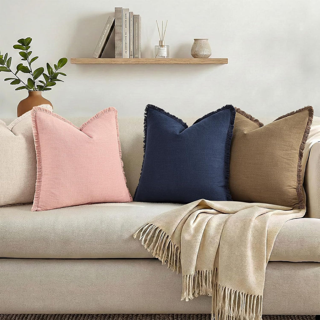 decorUhome Summer Decorative Neutral Linen Fringe Throw Pillow Covers Set of 2 Pink Pillow Covers with Tassels Soft Farmhouse Boho Accent P…
