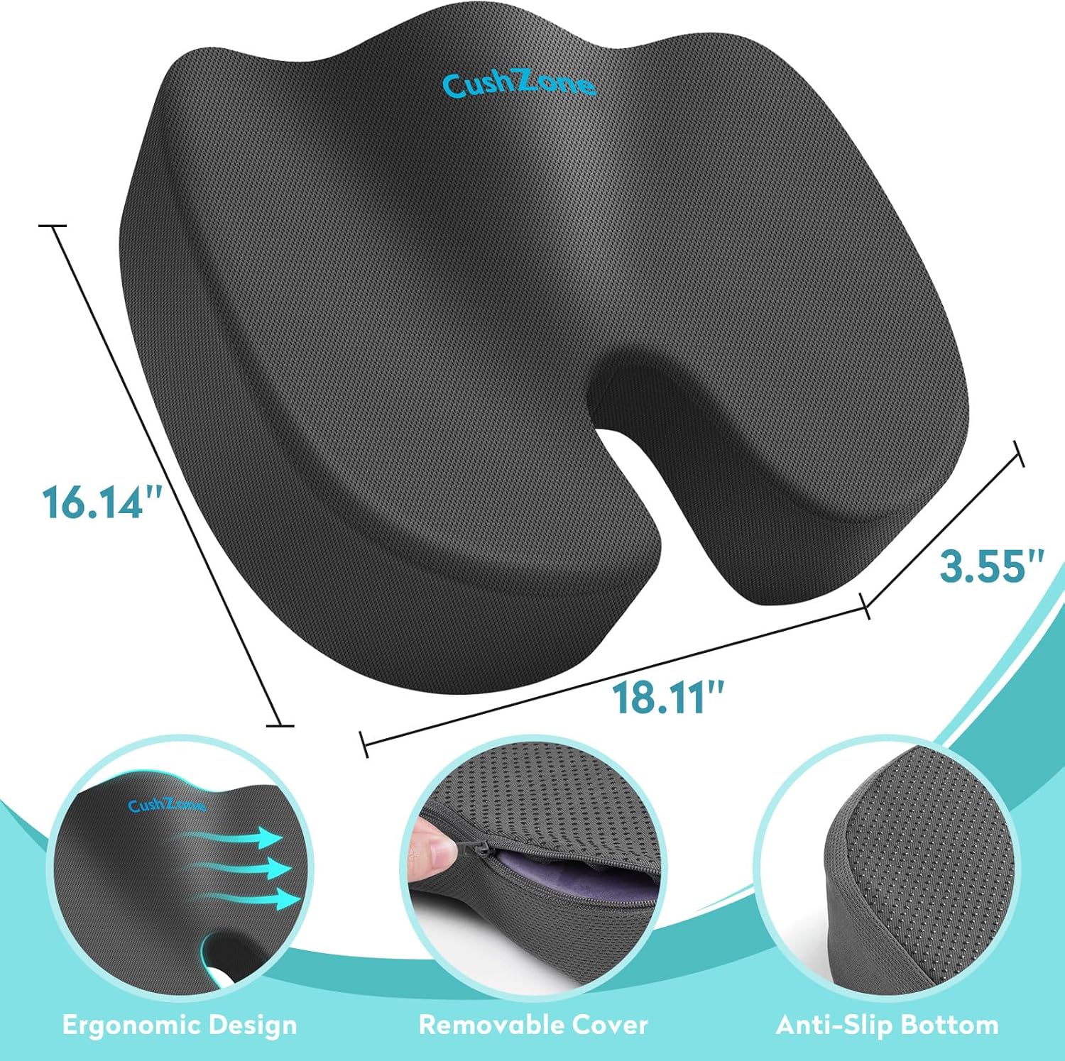 CushZone Office Chair Seat Cushion, Cooling Gel Enhanced Memory Foam Cushion for Long Sitting - Back, Sciatica, Coccyx, Tailbone Pillow - f…