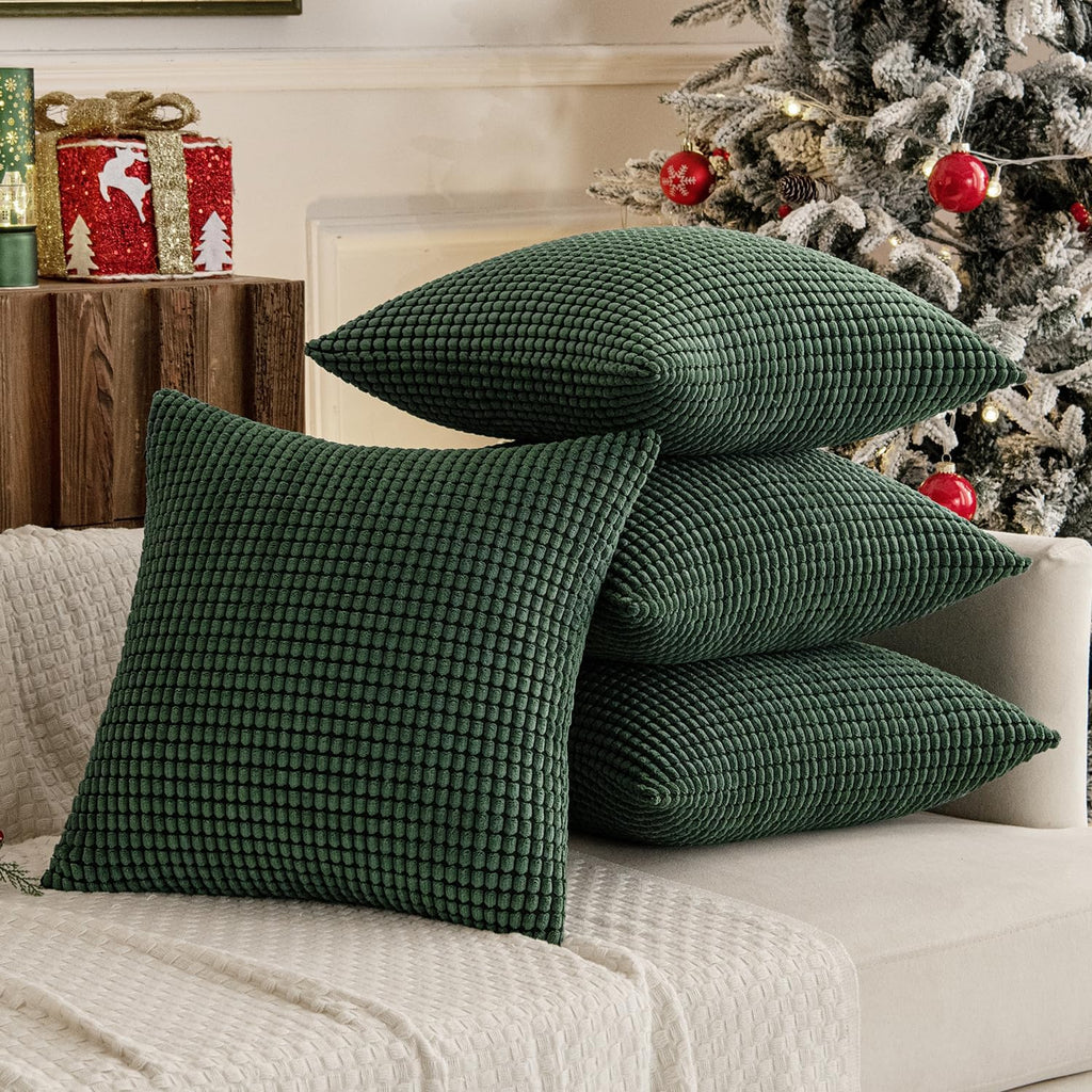 Miulee Boho Farmhouse Throw Pillow Covers 18x18 Inch Set of 4 Soft Neutral Covers Christmas Dark Green Corduroy Couch Pillowcases Home Deco…