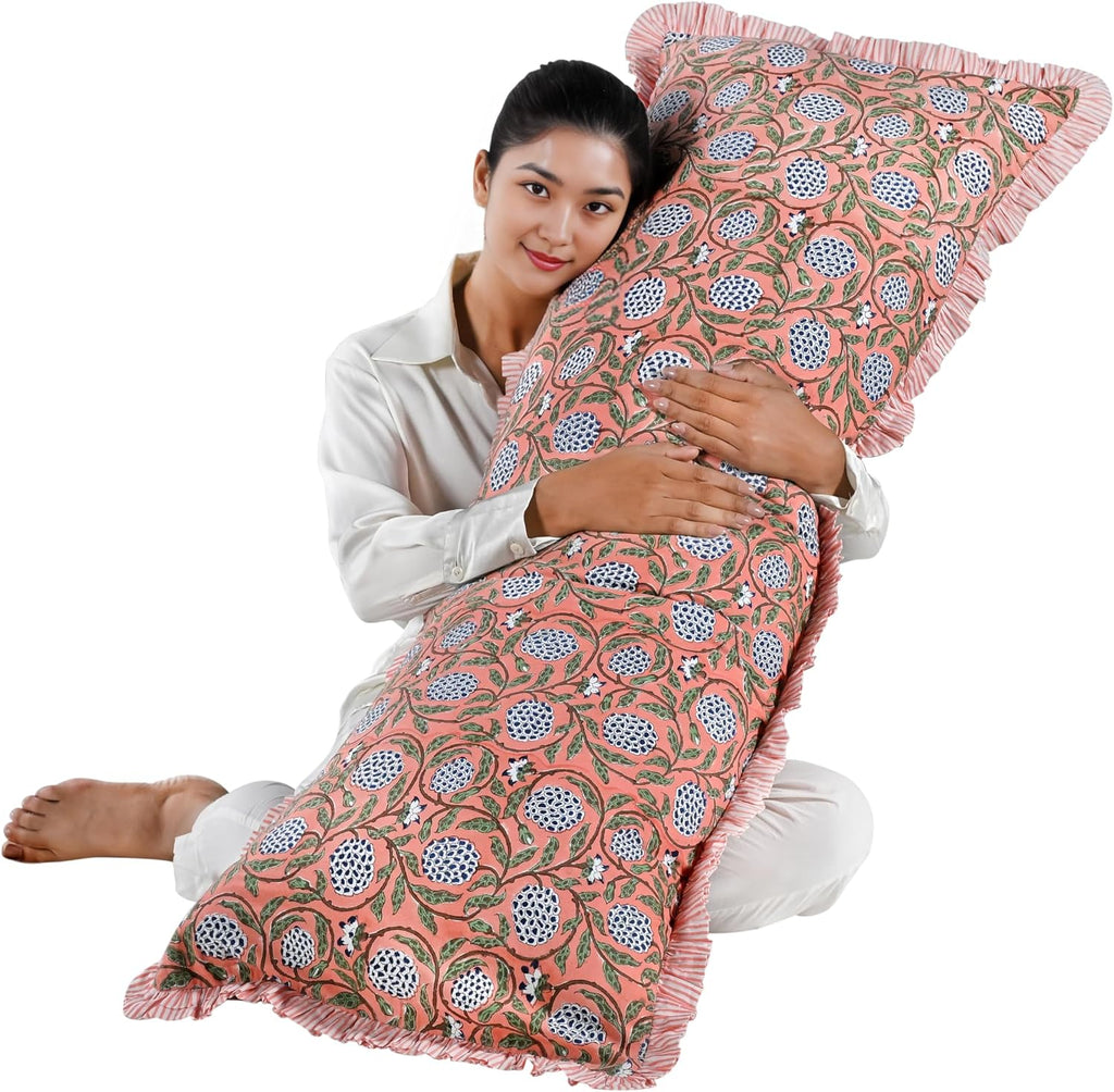 Ridhi Block Print Dark Salmon Pink 54"x20" Set 1-100% Cotton Ruffle Lumbar Sham Cover Boho Floral Pillowcase, Farmhouse Cottagecore…