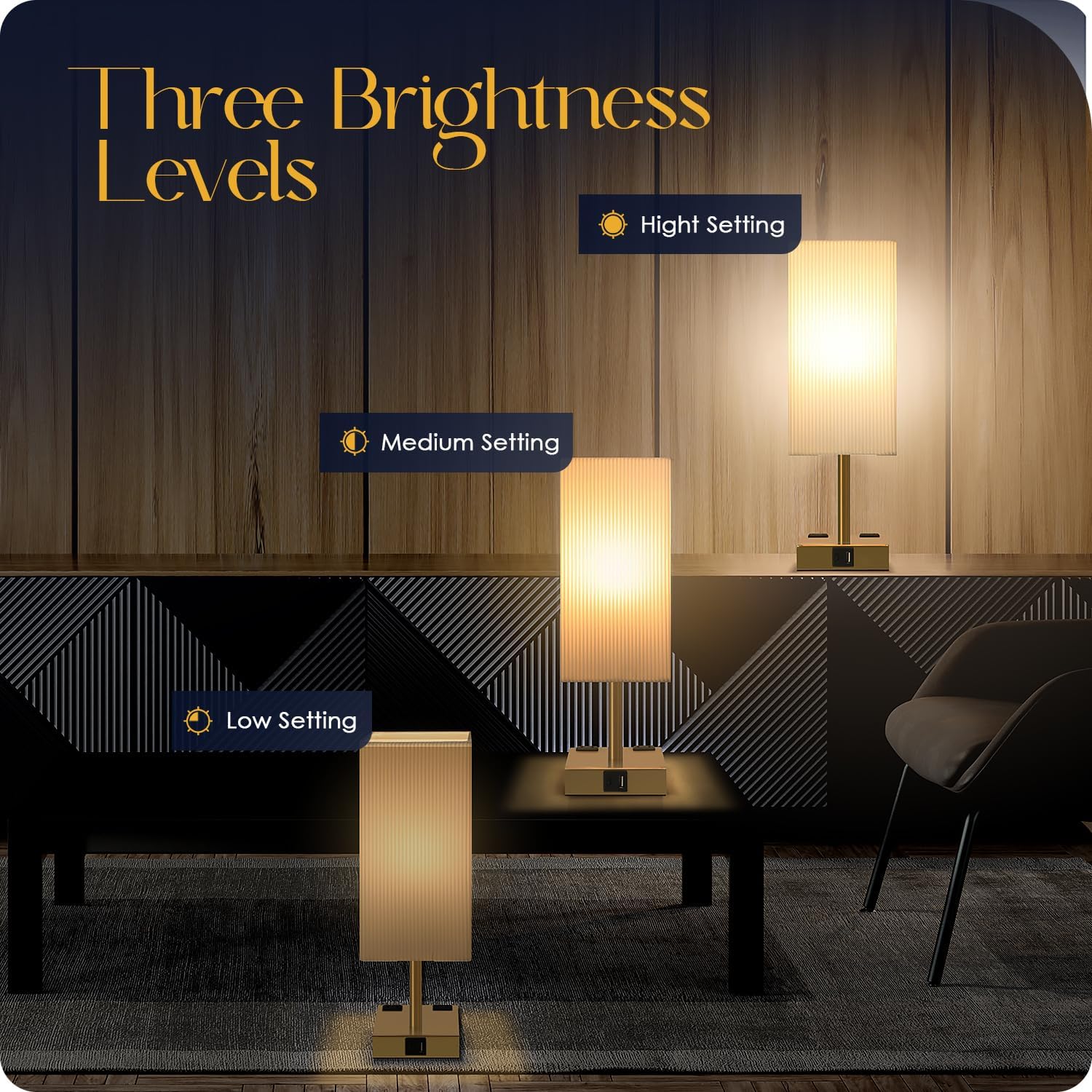 Set of 2 Bedside Table Lamp 3 Way Dimmable Nightstand Lamp with USB C & USB A Charging Port, 2 AC Outlets, 3000K LED Bulbs (Pleate)