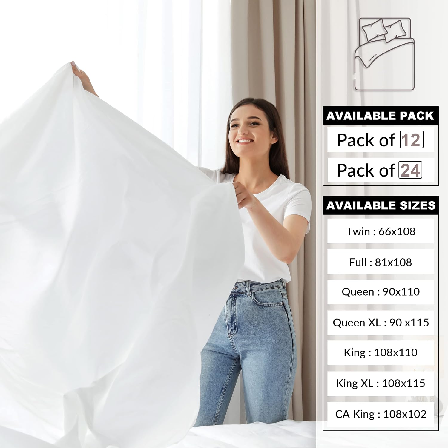 Goldtextiles Twin Flat Sheet Pack of 12 Bulk (66 x 108 Inches) White Polycotton T-200 Percale Weave - Top Bed Sheet for Home Bedding, Hospi…