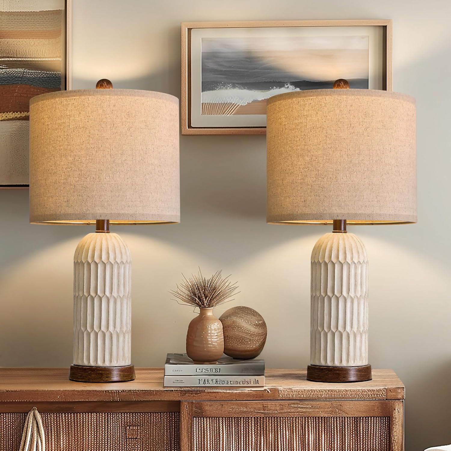 OYEARS 22.5" Bedside Table Lamps Set of 2, Farmhouse Table Lamp with USB A+C Charging Ports, Vintage Nightstand Lamp for Bedrooms and…