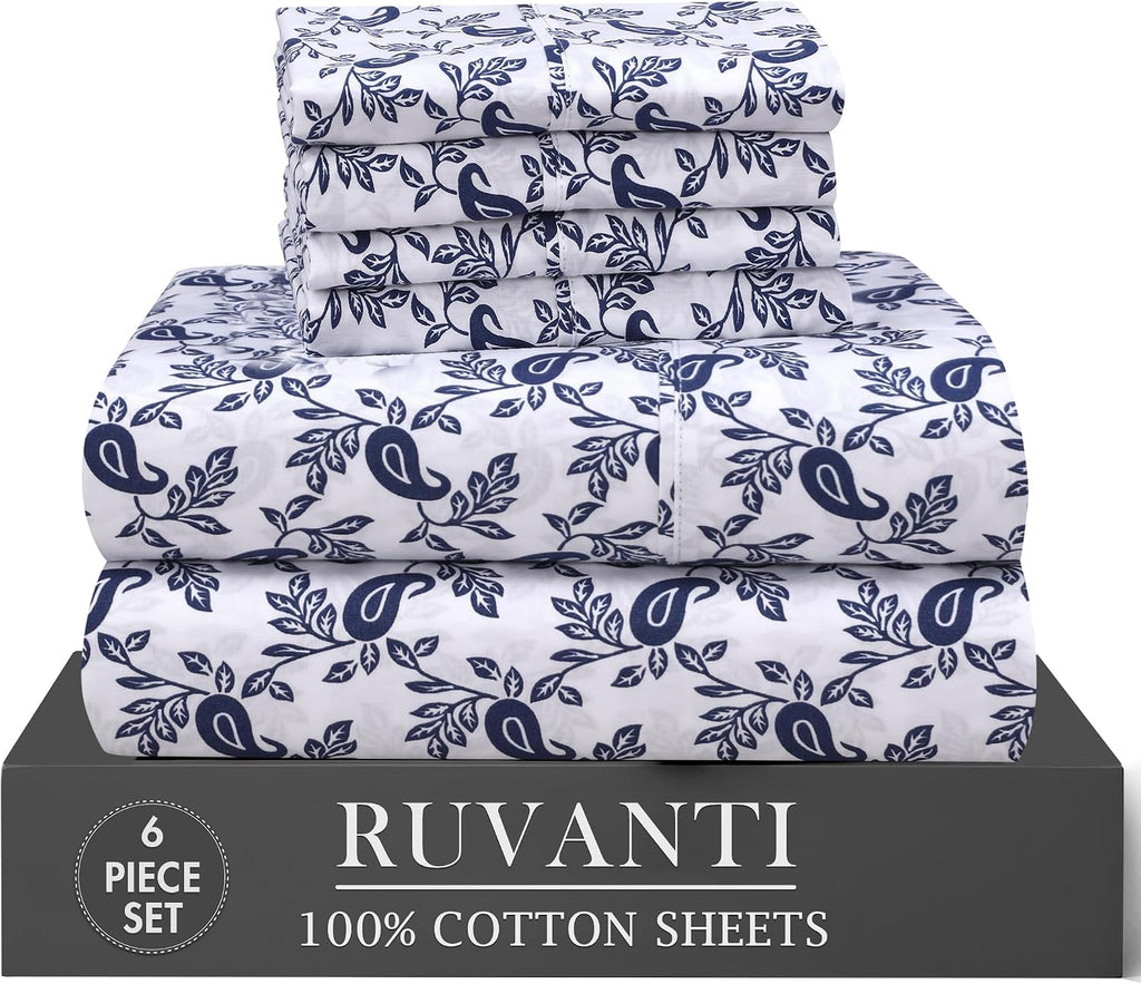 Ruvanti 100% Cotton Percale Sheets King Size 6 Piece Set, Cooling Bed Sheets for Hot Sleepers, Deep Pocket 16”, Breathable Lightweight & Du…