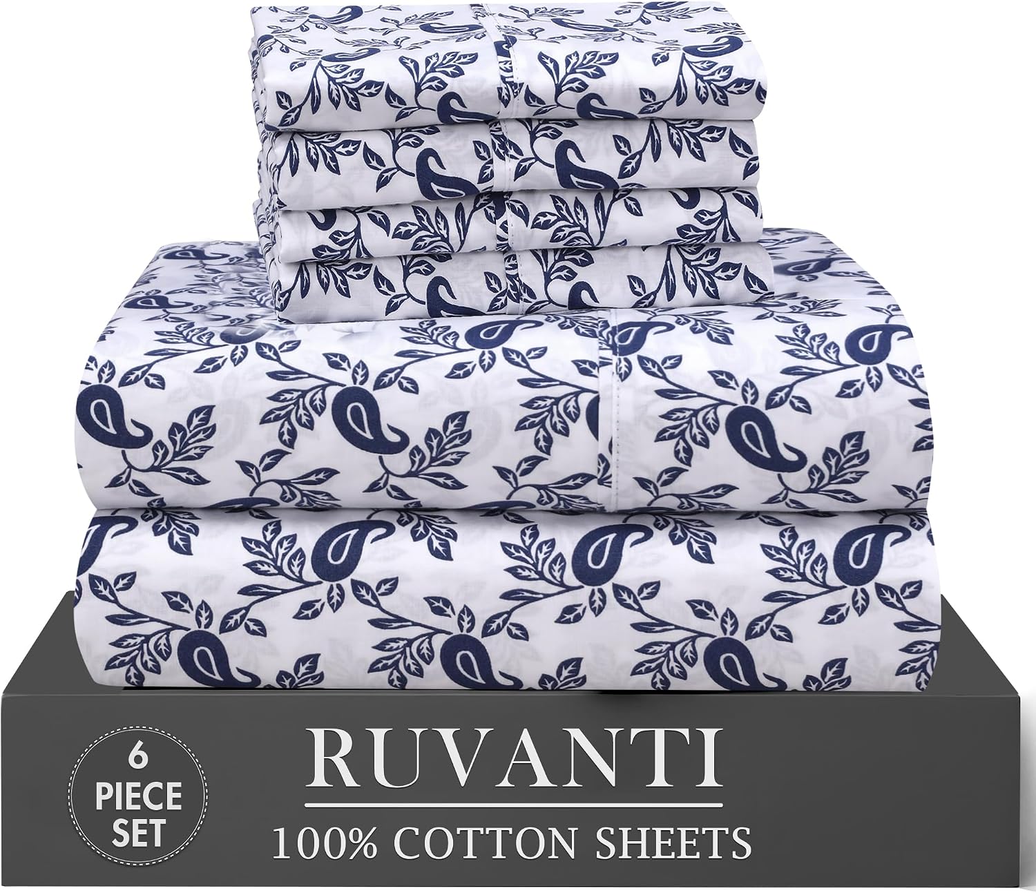 Ruvanti 100% Cotton Percale Sheets King Size 6 Piece Set, Cooling Bed Sheets for Hot Sleepers, Deep Pocket 16”, Breathable Lightweight & Du…
