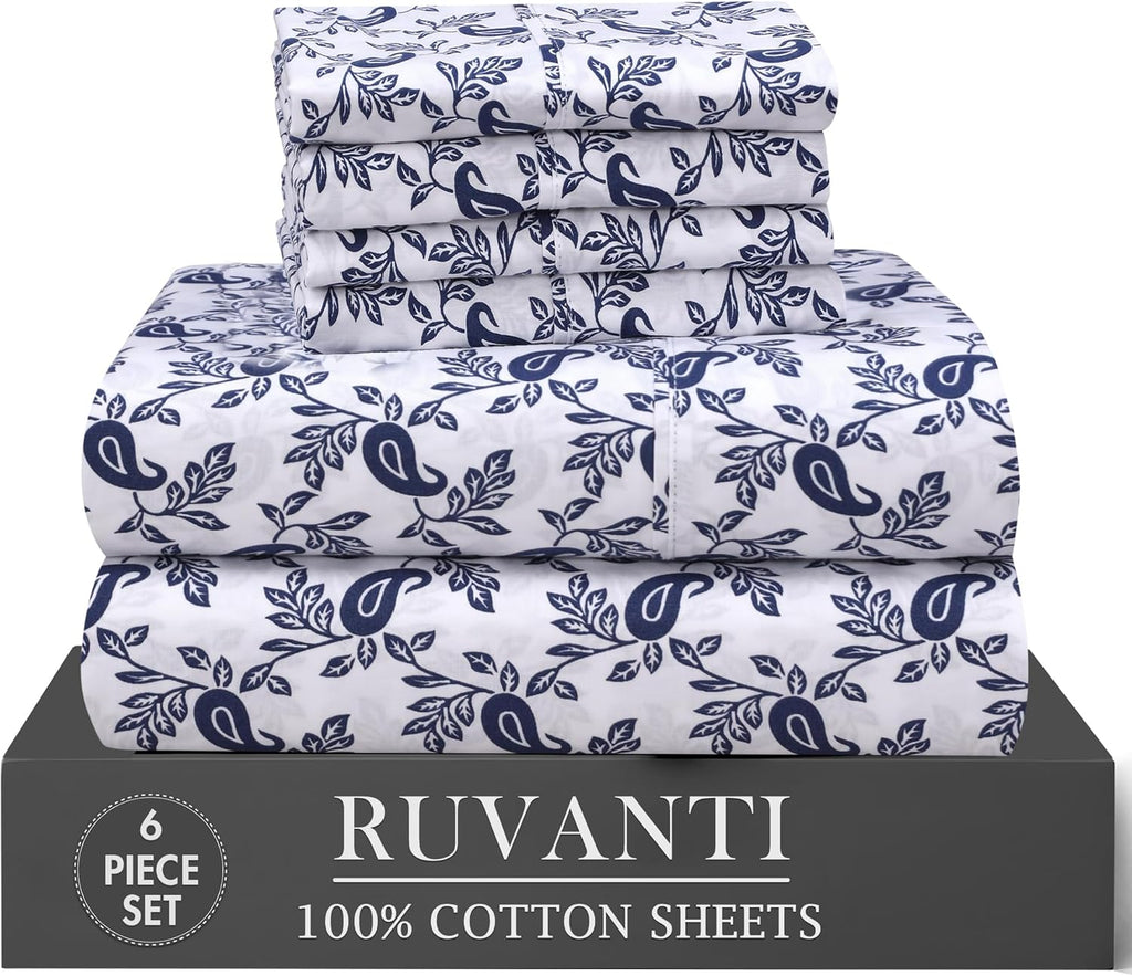 Ruvanti 100% Cotton Percale Sheets Full Size 6 Piece Set, Cooling Bed Sheets for Hot Sleepers, Deep Pocket 16”, Breathable Lightweight & Du…