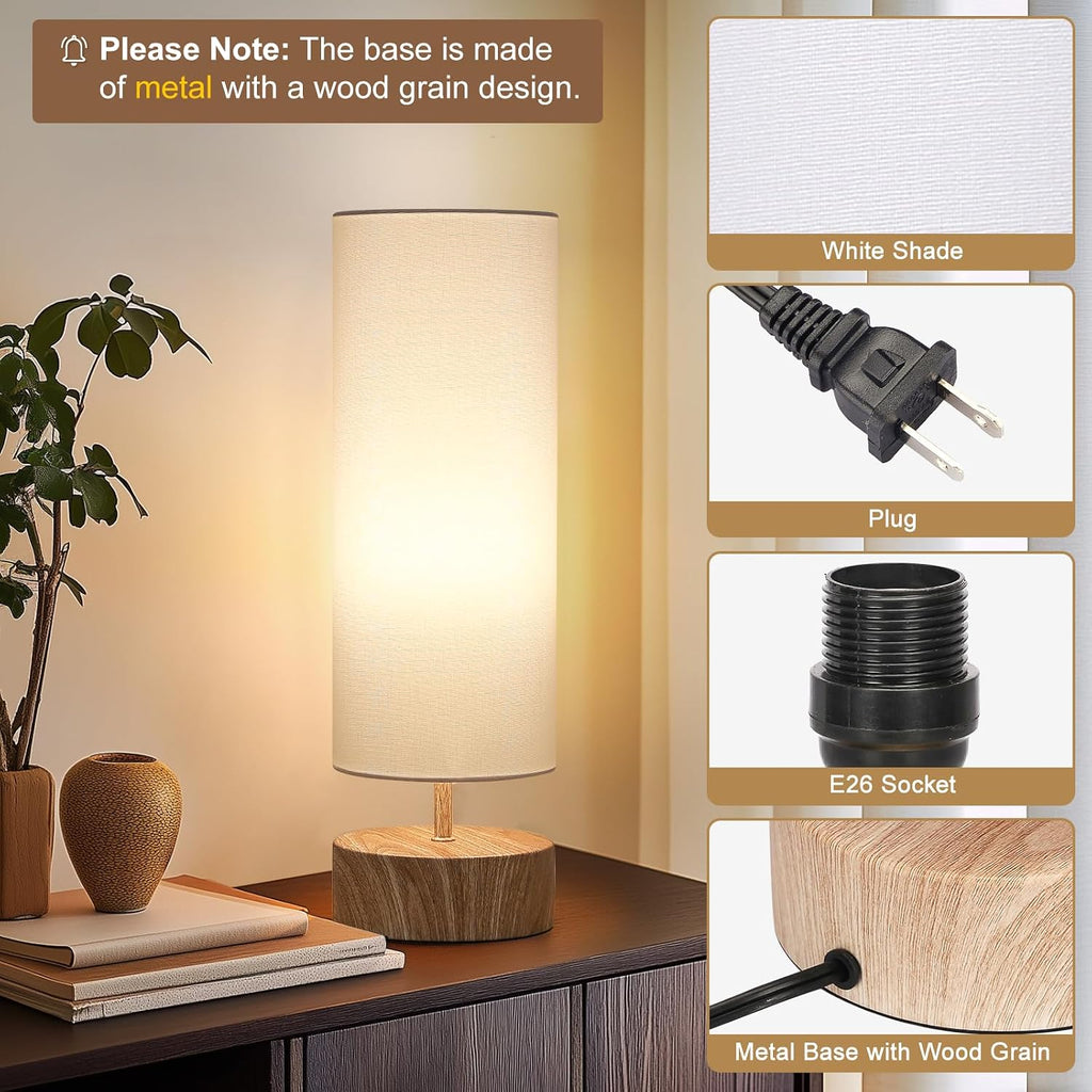 Touch Table Lamp with Metal Base Covered with Wood Grain, 3 Way Dimmable Bedside Nightstand Lamp with White Shade, Simple Night Light for…