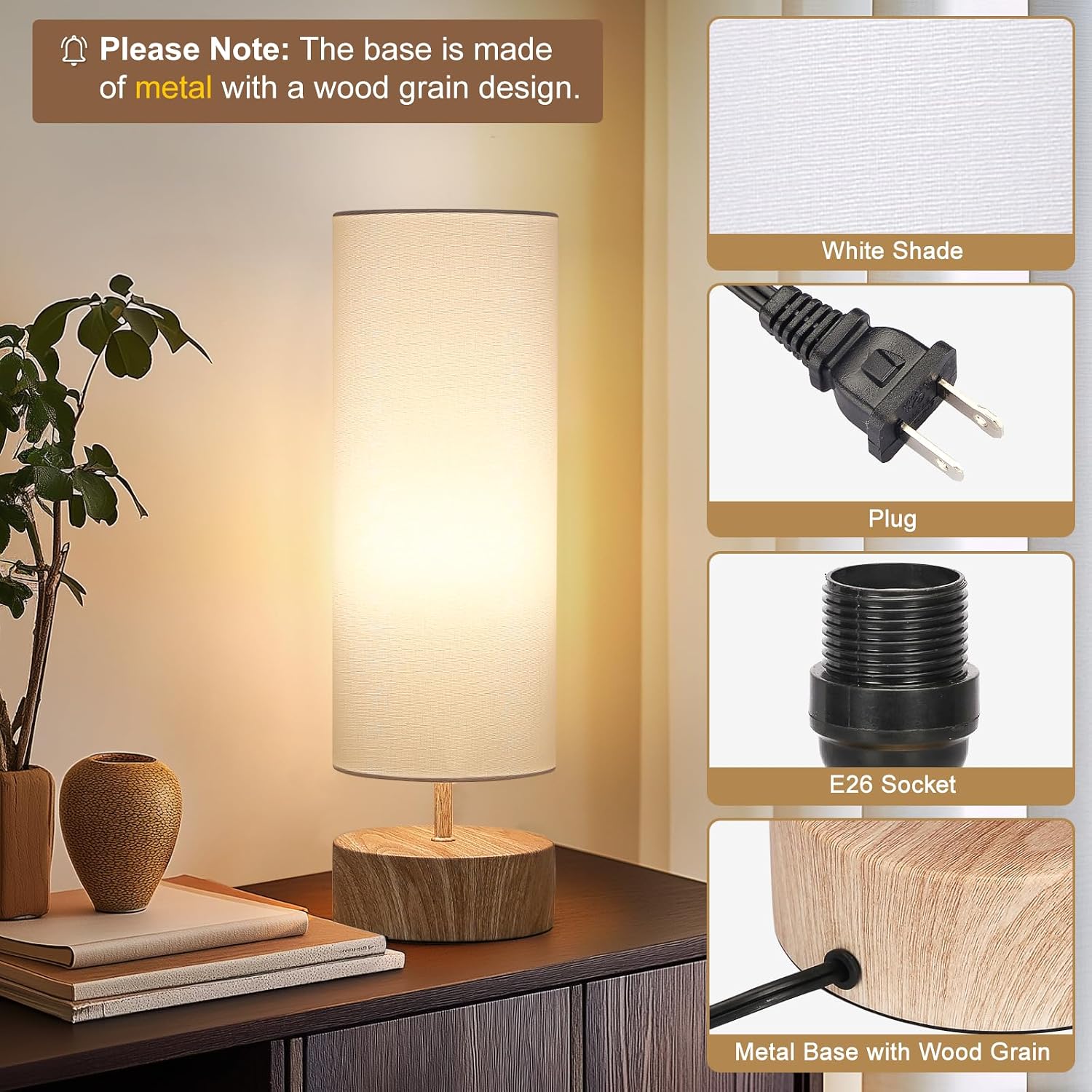 Touch Table Lamp with Metal Base Covered with Wood Grain, 3 Way Dimmable Bedside Nightstand Lamp with White Shade, Simple Night Light for…
