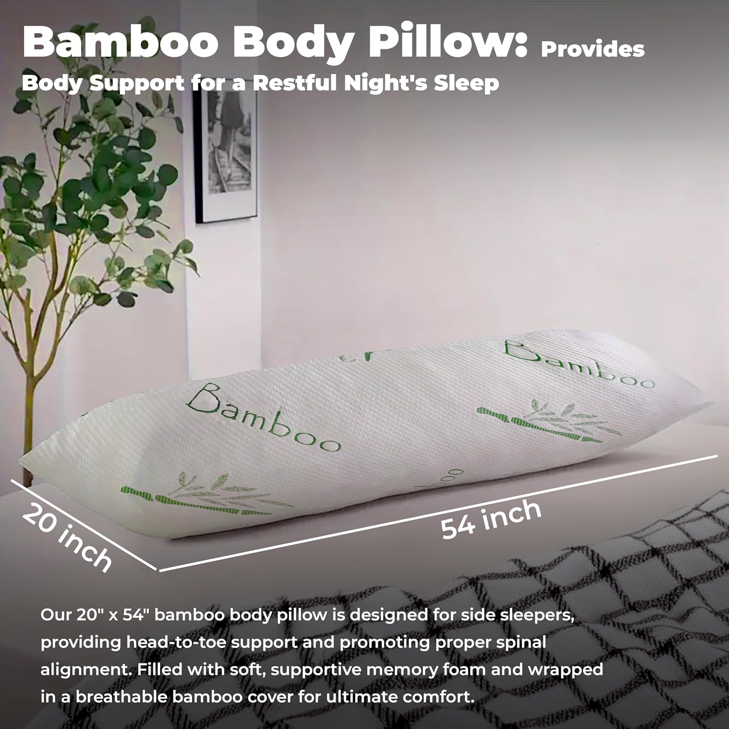 Omeo Full Rayon Bamboo Fiber Pillow Memory Foam Body Pillow for Side Sleeper, Huggable Long Body Pillow for Adults with Washable Pillowcase…