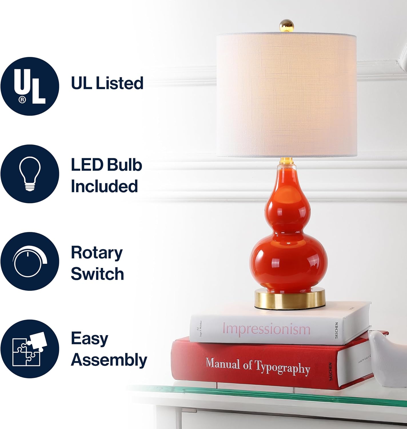 JONATHAN Y 20.5" Sunset Orange Glass Table Lamp, Modern Gourd Bedside Nightstand Lamp for Bedroom, Living Room, White Linen Shade, LED…