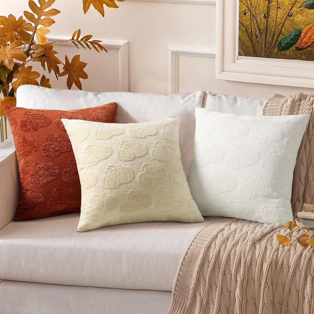decorUhome Decorative Two Cream White Pumpkins Thanksgiving Throw Pillow Covers 18x18 Set of 2, Soft Chenille Jacquard Farmhouse Textured…