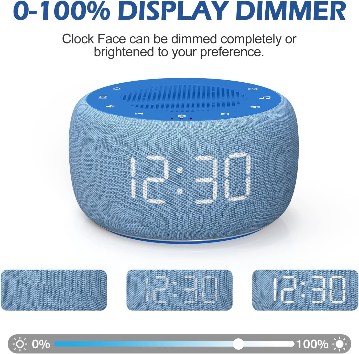 Buffbee Sound Machine & Alarm Clock 2-in-1, 0-100% Clock Face Brightness, Bottom Colored Light, Sleep Timer, Precise 30-Level Volume…