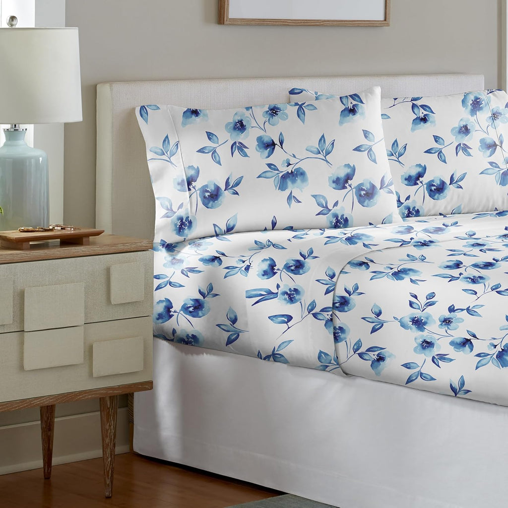 Pointehaven Water Petals White Full Cotton Crisp Percale Breathable Mercerized 4 pc Sheet Set