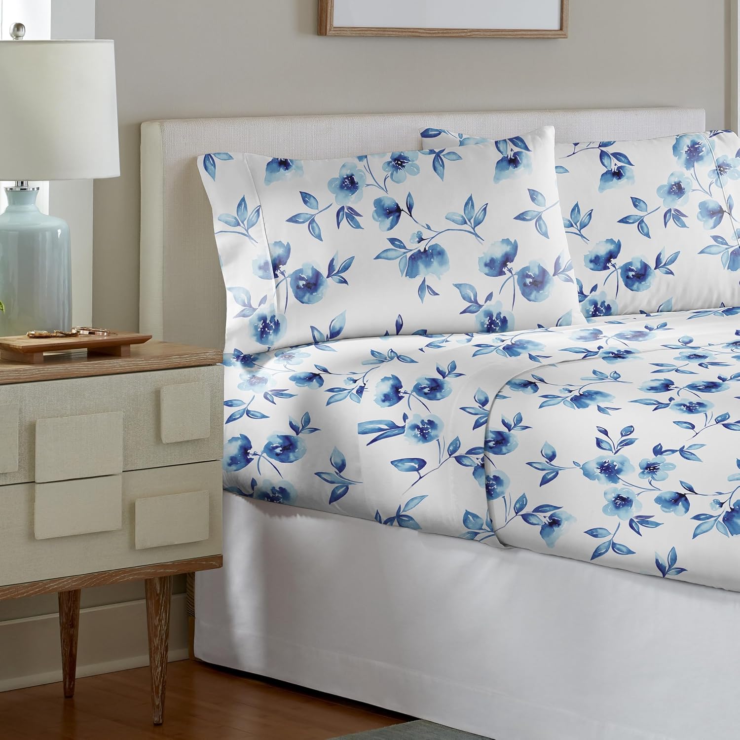 Pointehaven Water Petals White Full Cotton Crisp Percale Breathable Mercerized 4 pc Sheet Set