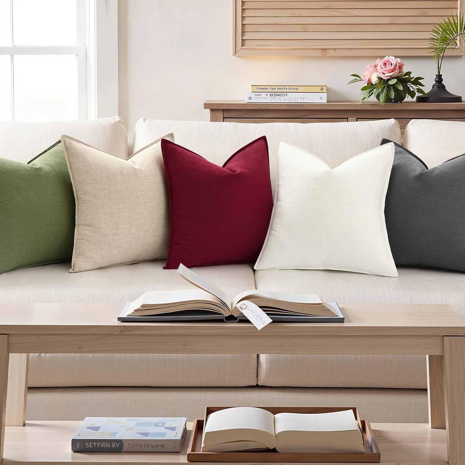 decorUhome Summer Decorative Linen Euro Sham Throw Pillow Covers 26x26 Inch Set of 2 Dark Grey Pillow Covers with Flange Edges Soft Farmhou…