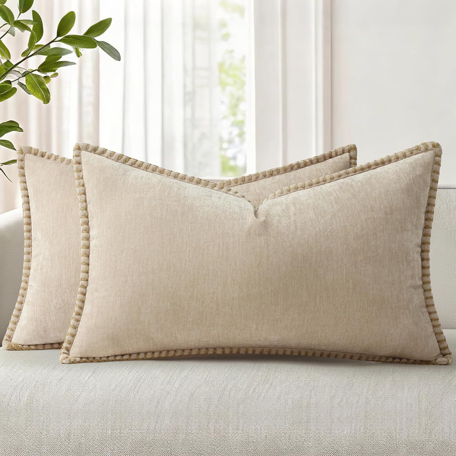 decorUhome Summer Chenille Soft Cozy Throw Pillow Covers 12x20 Set of 2, Modern Farmhouse Boho Velvet Decorative Pillow Cases with Stitched…