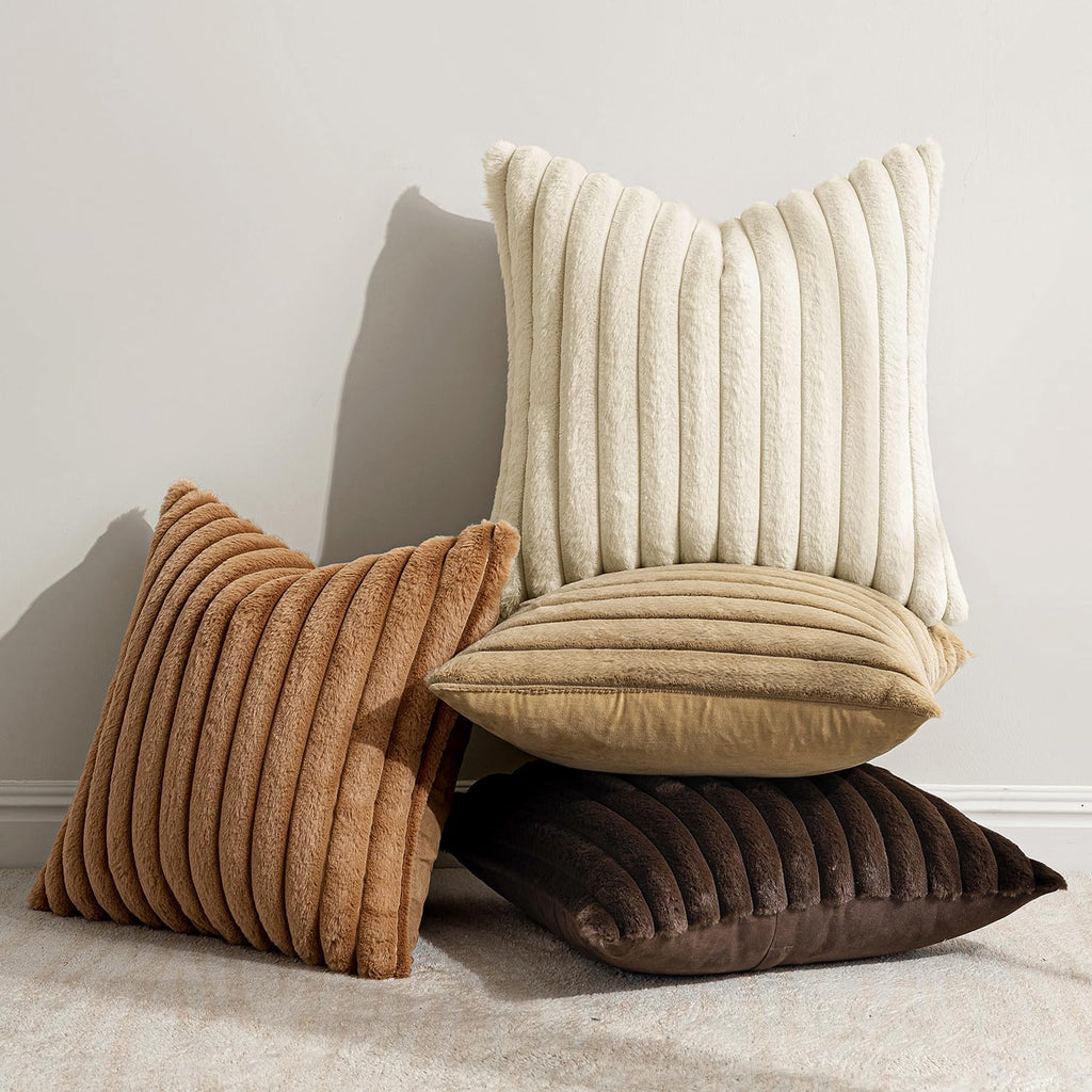 Miulee Faux Fur Plush Decorative Throw Pillow Covers 18x18 Set of 4, Boho Farmhouse Soft Fuzzy Striped Cushion Covers for Sofa Couch Bed Li…